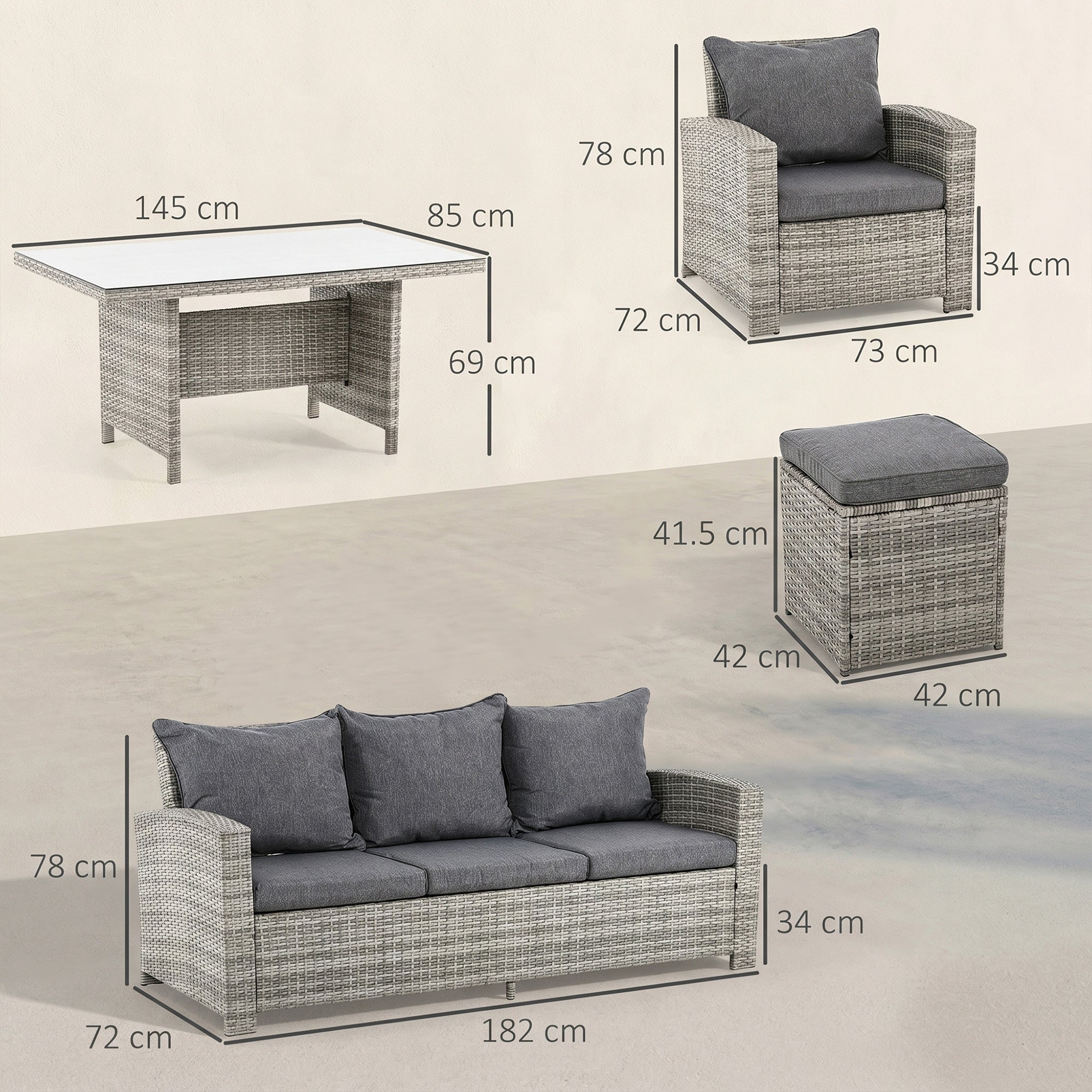 Outsunny 6 Pieces PE Rattan Garden Furniture Set with Three-seat, Armchairs and Footstools, Aluminium Patio Wicker Dining Sets w/ Glass Top Dining Table, Soft Cushion, Light Grey