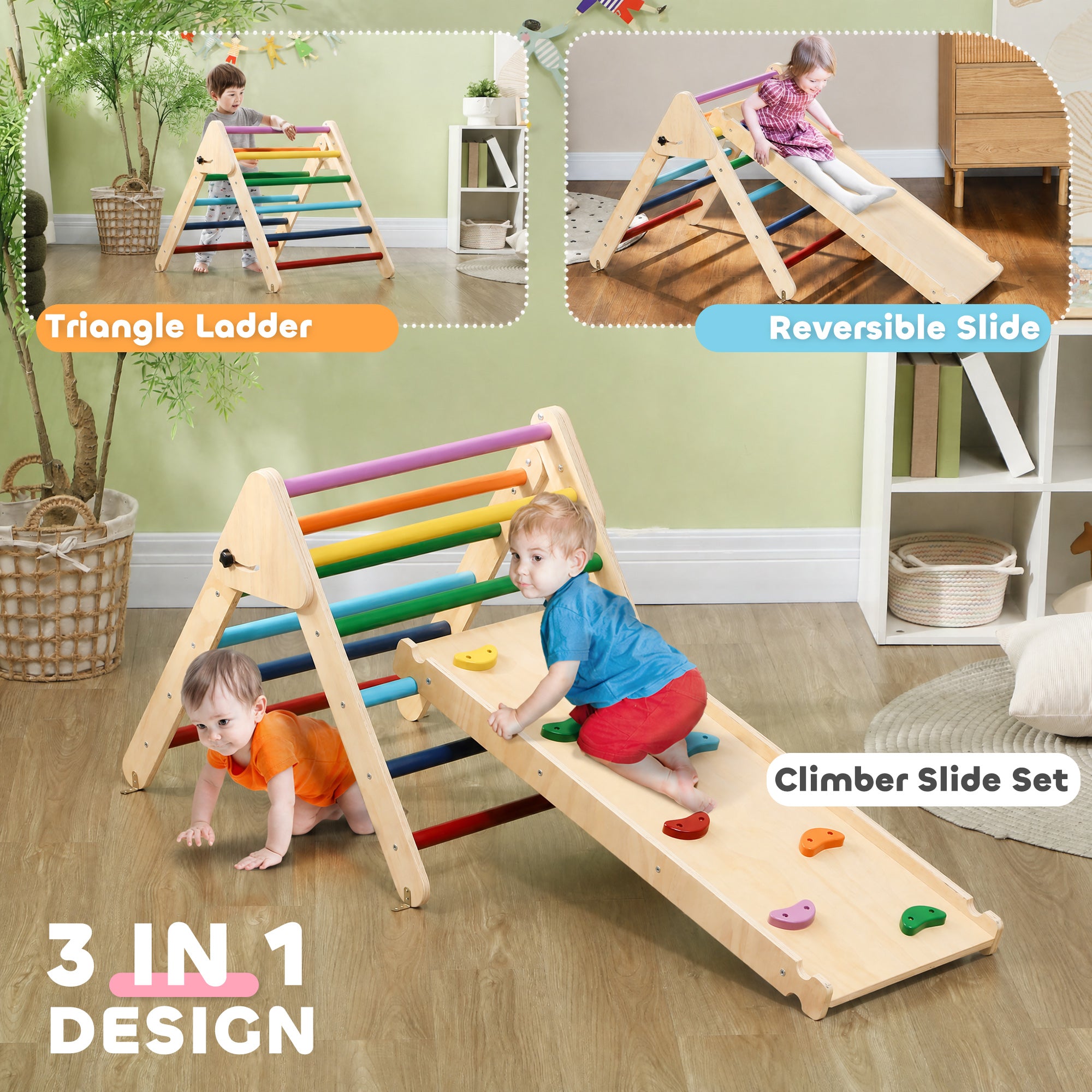 AIYAPLAY Toddler Climbing Frame for Kids with Ramp, 3 in 1 Wooden Pikler Triangle Set for 18-48 Months, Multicolour