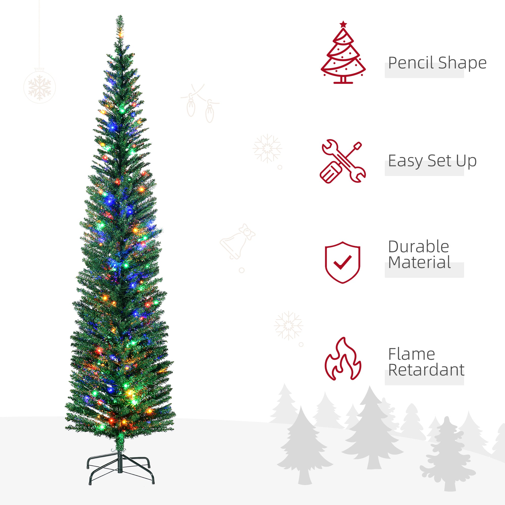 HOMCOM 7.5' Artificial Prelit Christmas Trees Holiday Décor with Colourful LED Lights, Pencil Shape, Steel Base - North Peak Garden Furniture