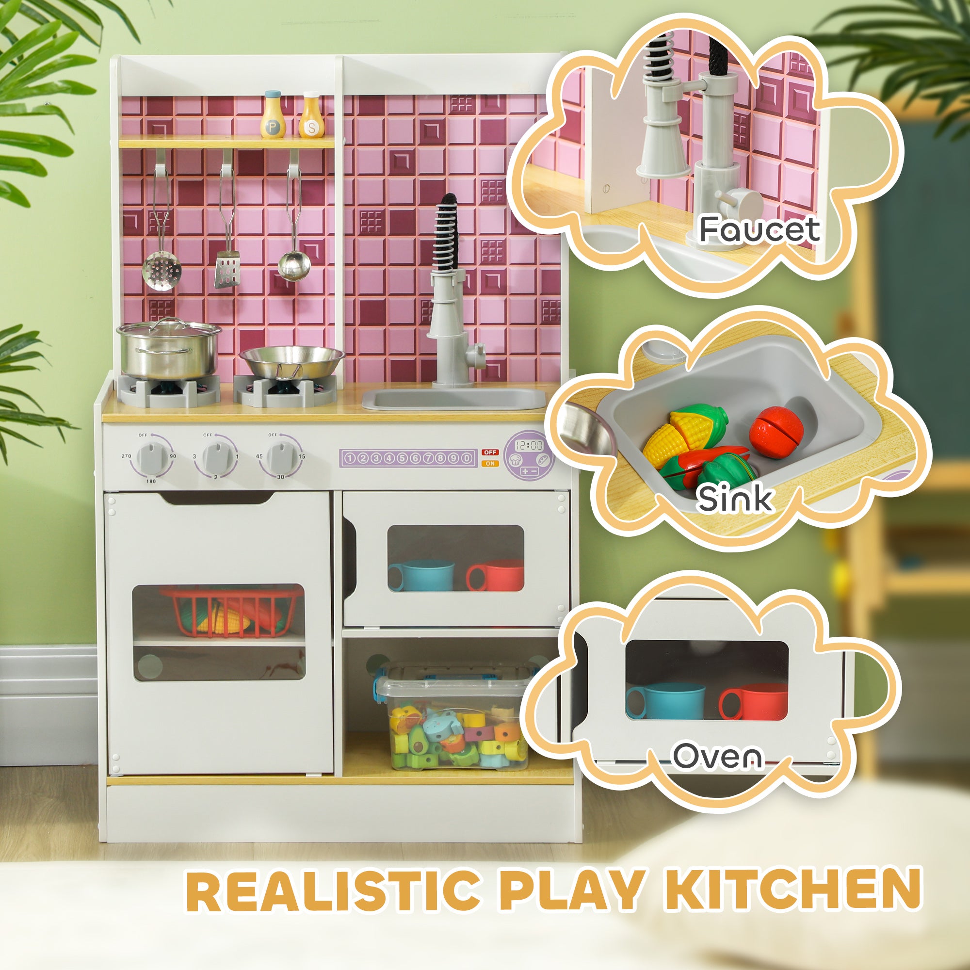 AIYAPLAY Kids Play Kitchen, Pretend Play Kitchen with Realistic Oven, Stove, Sink, Kitchen Accessories, White - North Peak Garden Furniture
