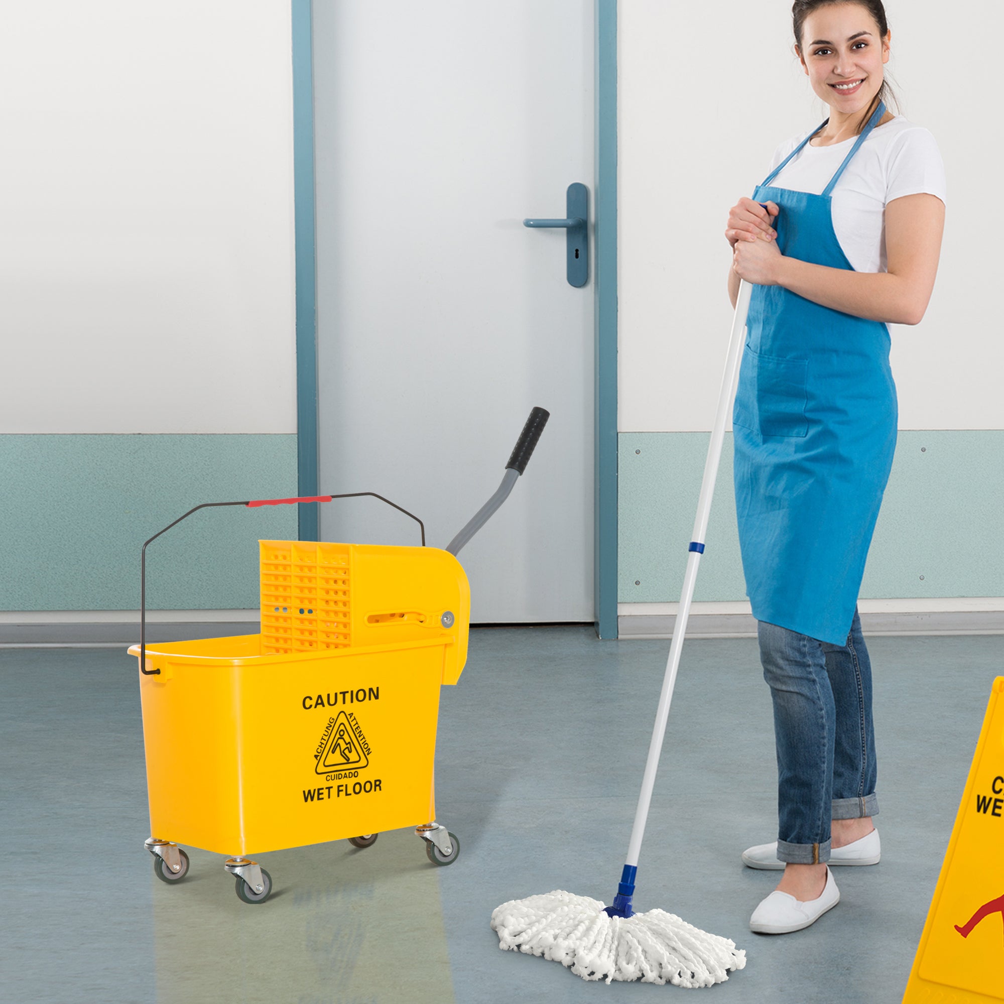 HOMCOM 20L Mop Bucket on Wheels, with Water Separation Panel - Yellow - North Peak Garden Furniture