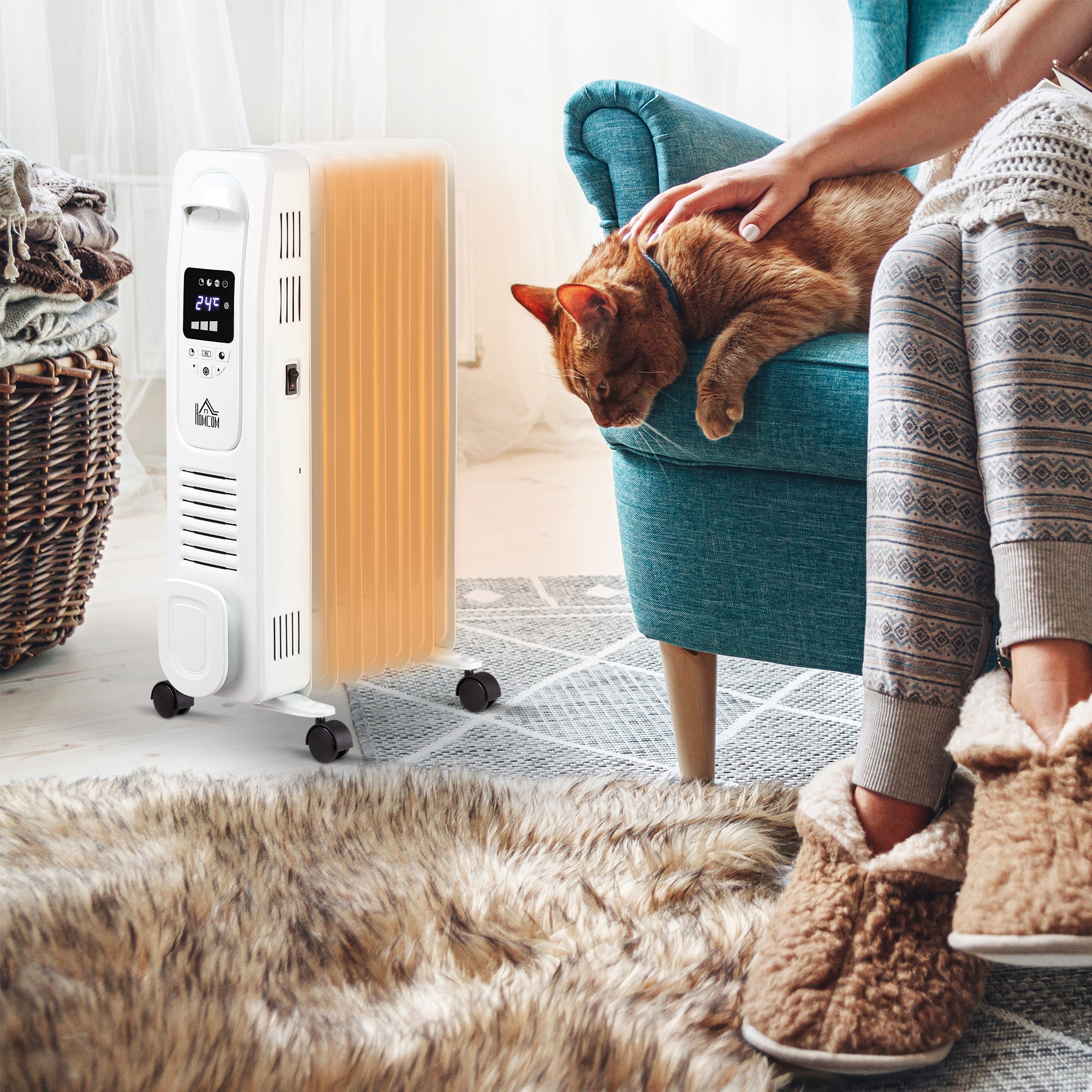 HOMCOM 1500W Digital Oil Filled Radiator, 7 Fin, Portable Electric Heater with LED Display, Built-in Timer, 3 Heat Settings, Safety Cut-Off and Remote Control, White - North Peak Garden Furniture