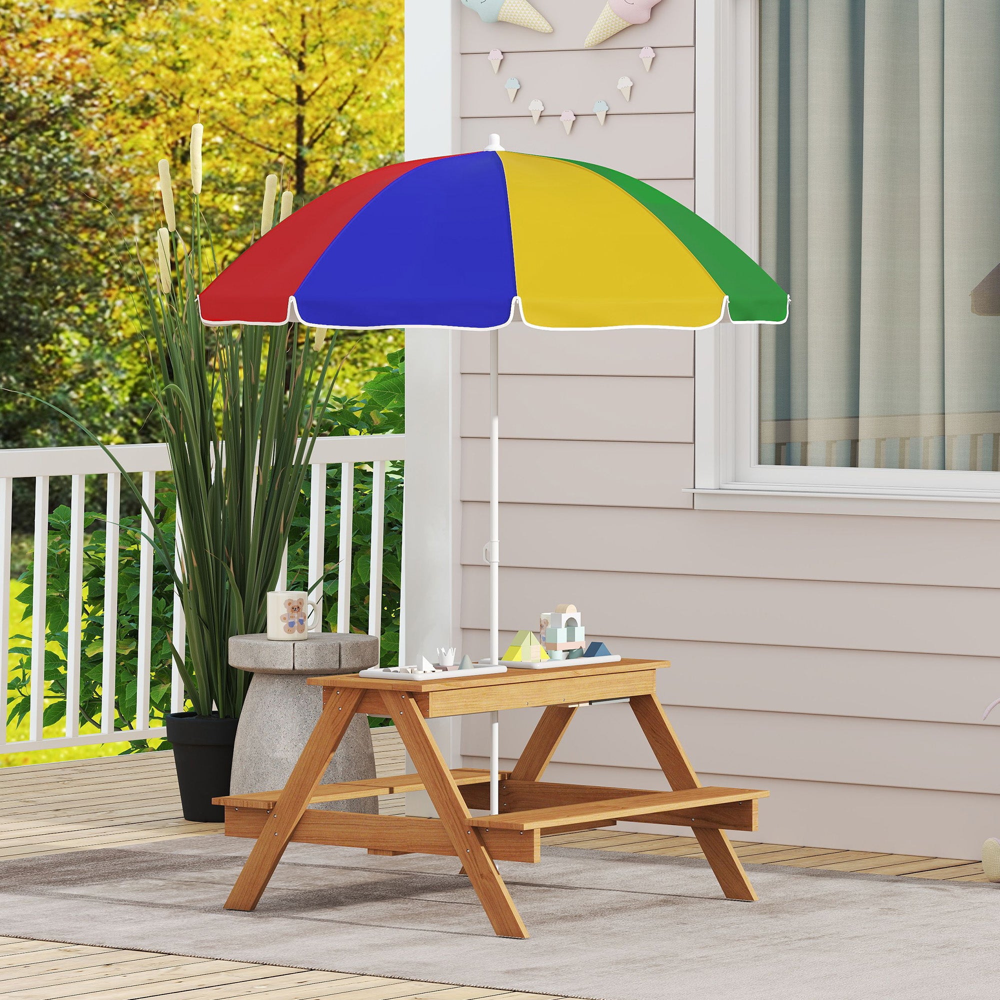 AIYAPLAY Kids Picnic Table, Sand and Water Table with Wooden Benches, Adjustable Parasol and Storage Bins, Multicolour - North Peak Garden Furniture