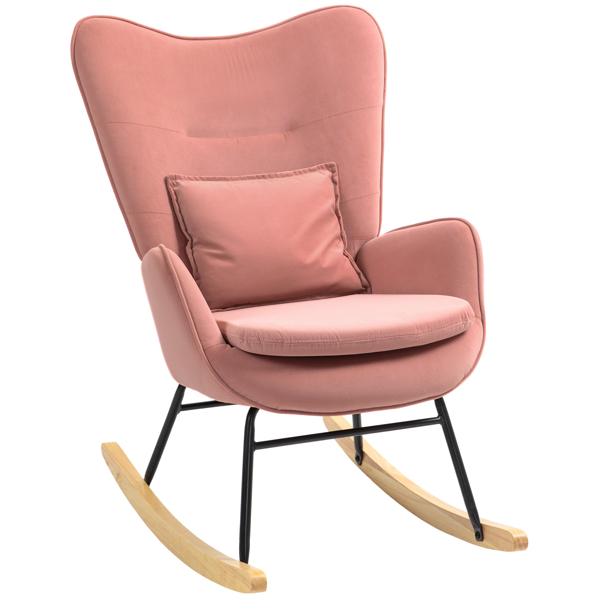 HOMCOM Velvet Rocking Chair Armchair with Lumbar Pillow, Metal Legs and Wood Base for Living Room, Bedroom, Pink - North Peak Garden Furniture