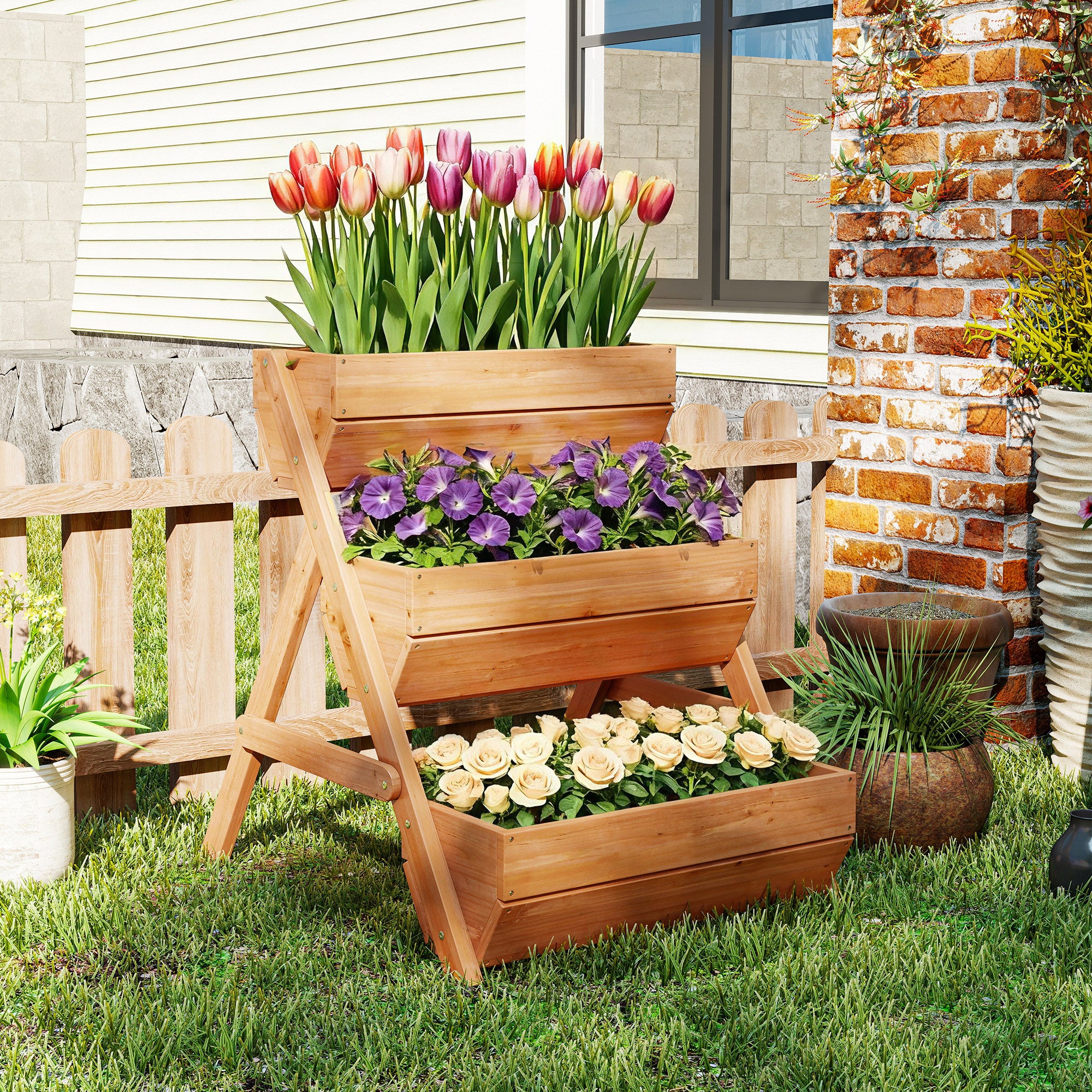 Outsunny 3 Tier Raised Garden Bed Wooden Elevated Planter Box Kit, 66L for Flower, Vegetable, Herb, 65x75x78cm, Brown