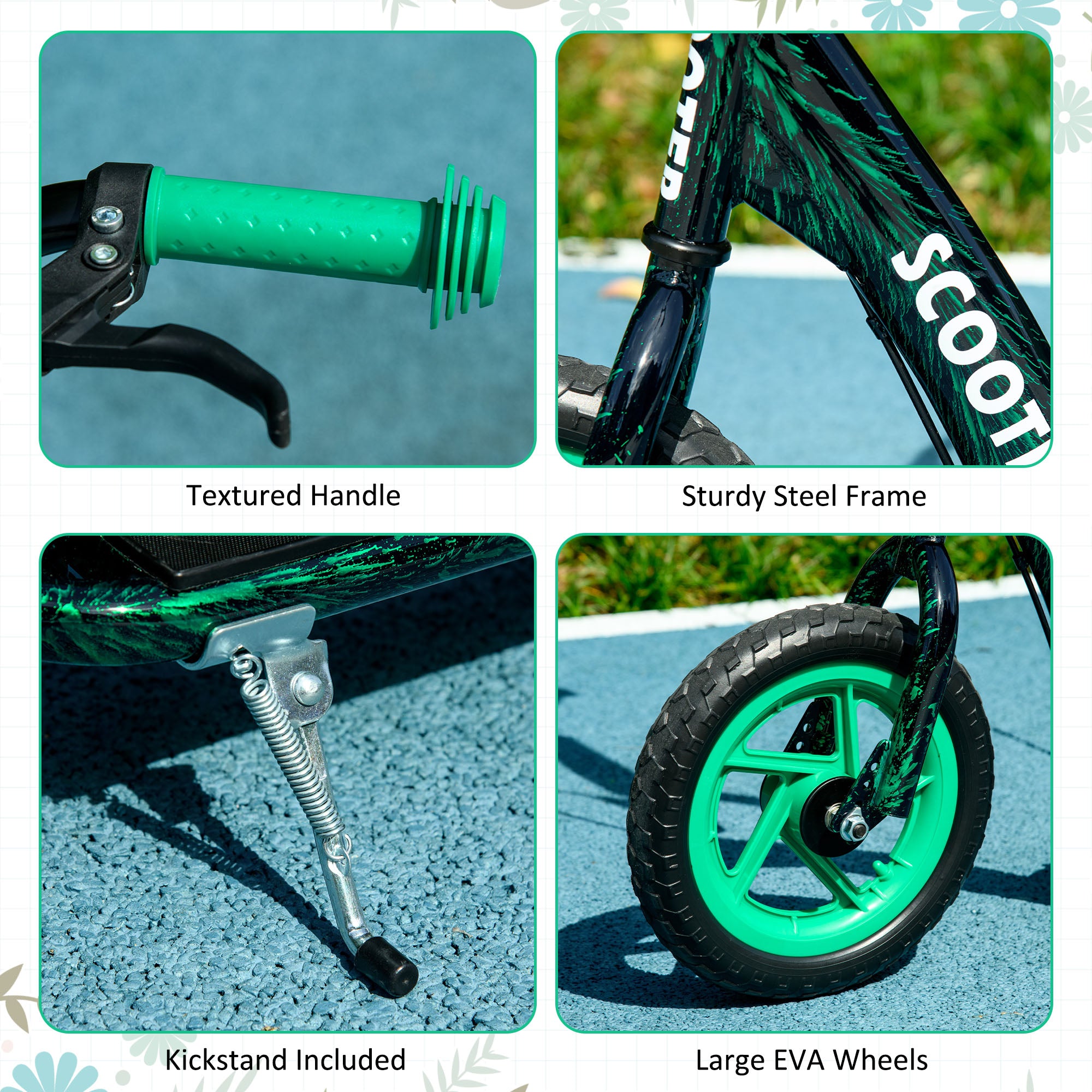 AIYAPLAY Kids Scooter with Adjustable Handlebar, Children's Kick Scooter with Non-slip Footplate, Rear Brake, Kickstand, Green - North Peak Garden Furniture