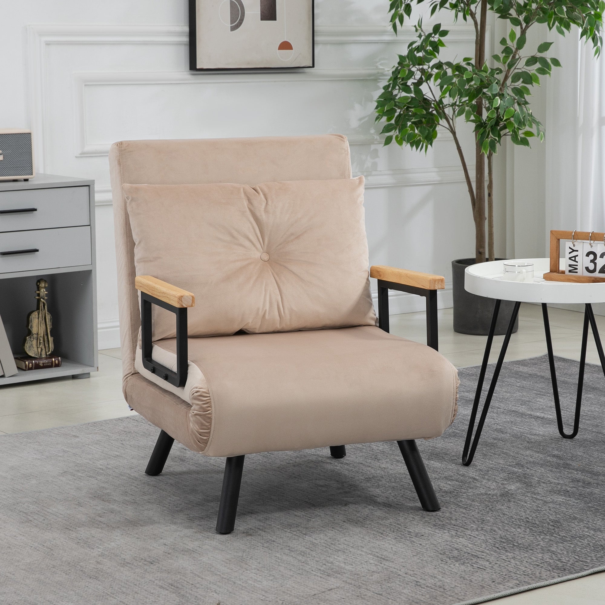 HOMCOM 4-in-1 Velvet-Feel Single Chair Bed, with Pillow - Beige - North Peak Garden Furniture