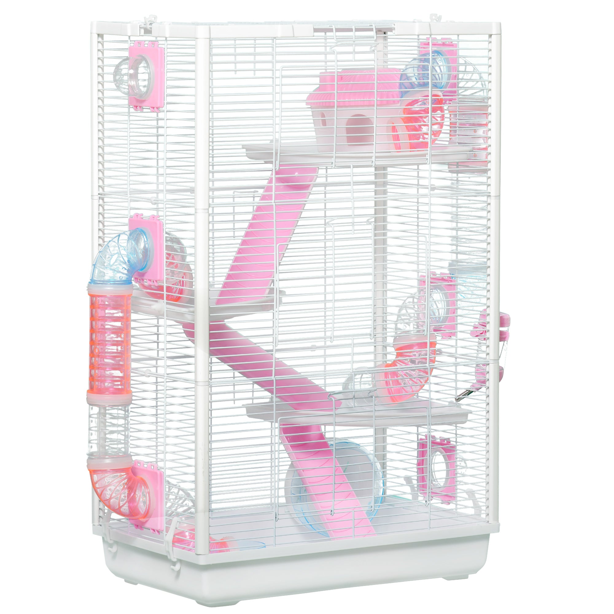 PawHut Hamster Cage, Gerbil Cage w/ Tubes, Exercise Wheel, Hut, Ramps, Platforms, 47 x 29.5 x 76cm - White