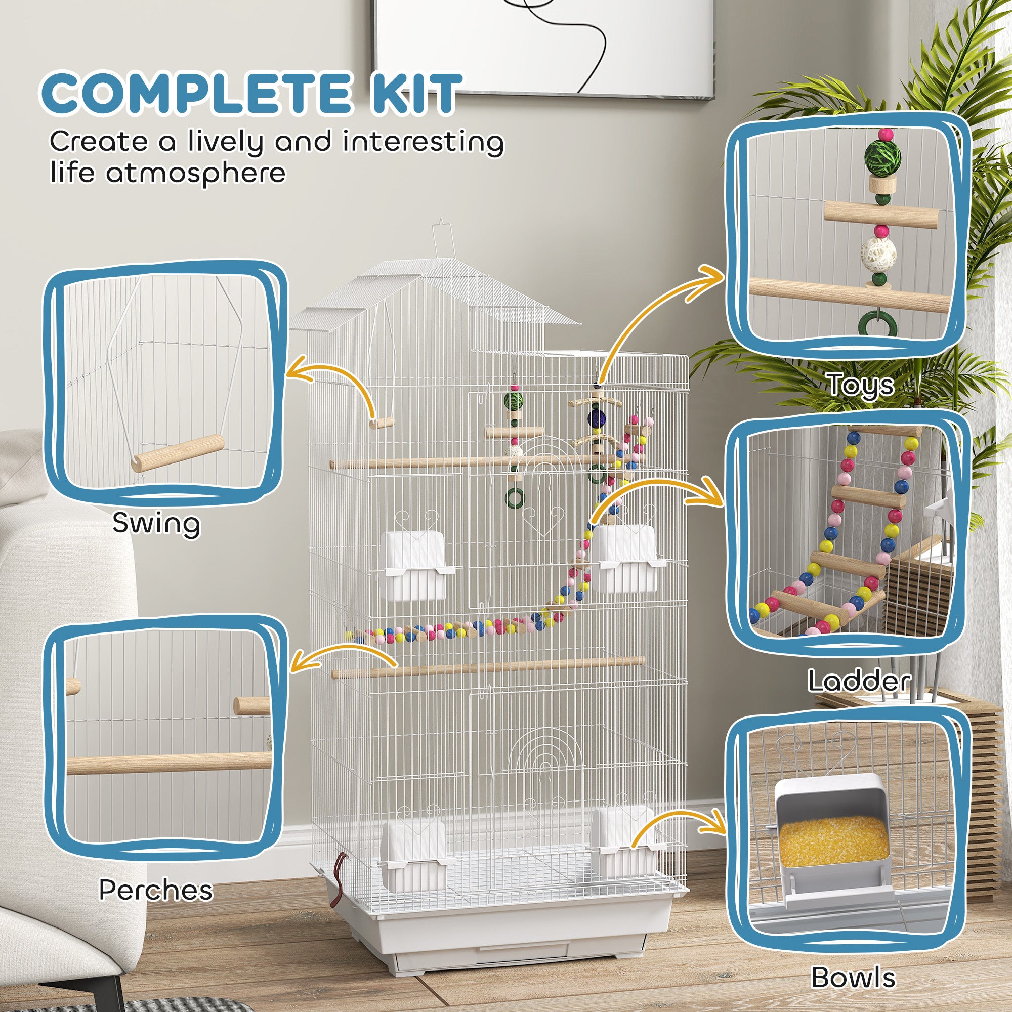 PawHut Bird Cage for Budgies, Finches, Canaries w/ Accessories, Toys, Tray, White