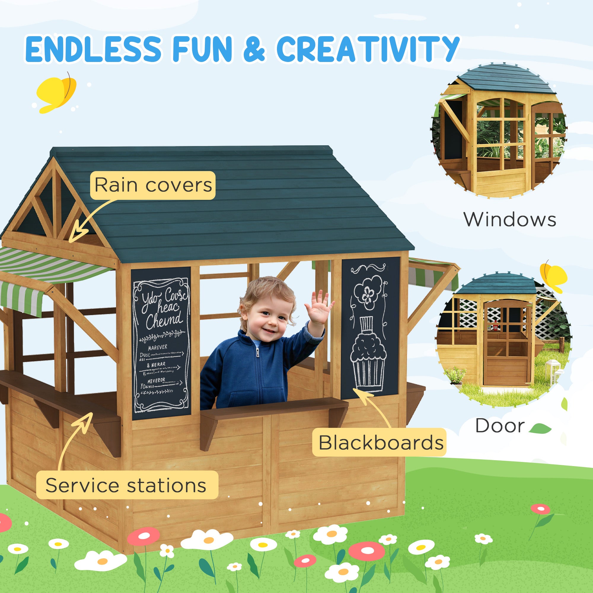 AIYAPLAY Wooden Playhouse for Kids, Foldable Wendy House with Windows, Working Door, Service Stations, Rain Covers, Brown - North Peak Garden Furniture