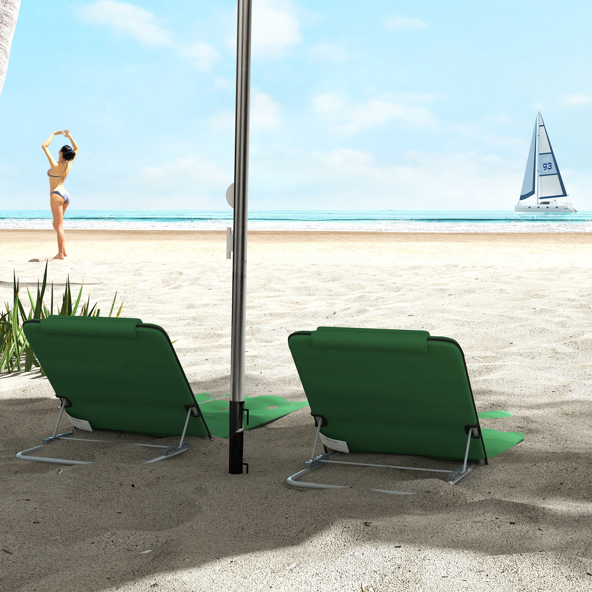 Outsunny Set of Two Metal Frame Beach Chairs, with Reclining Backs - Green - North Peak Garden Furniture