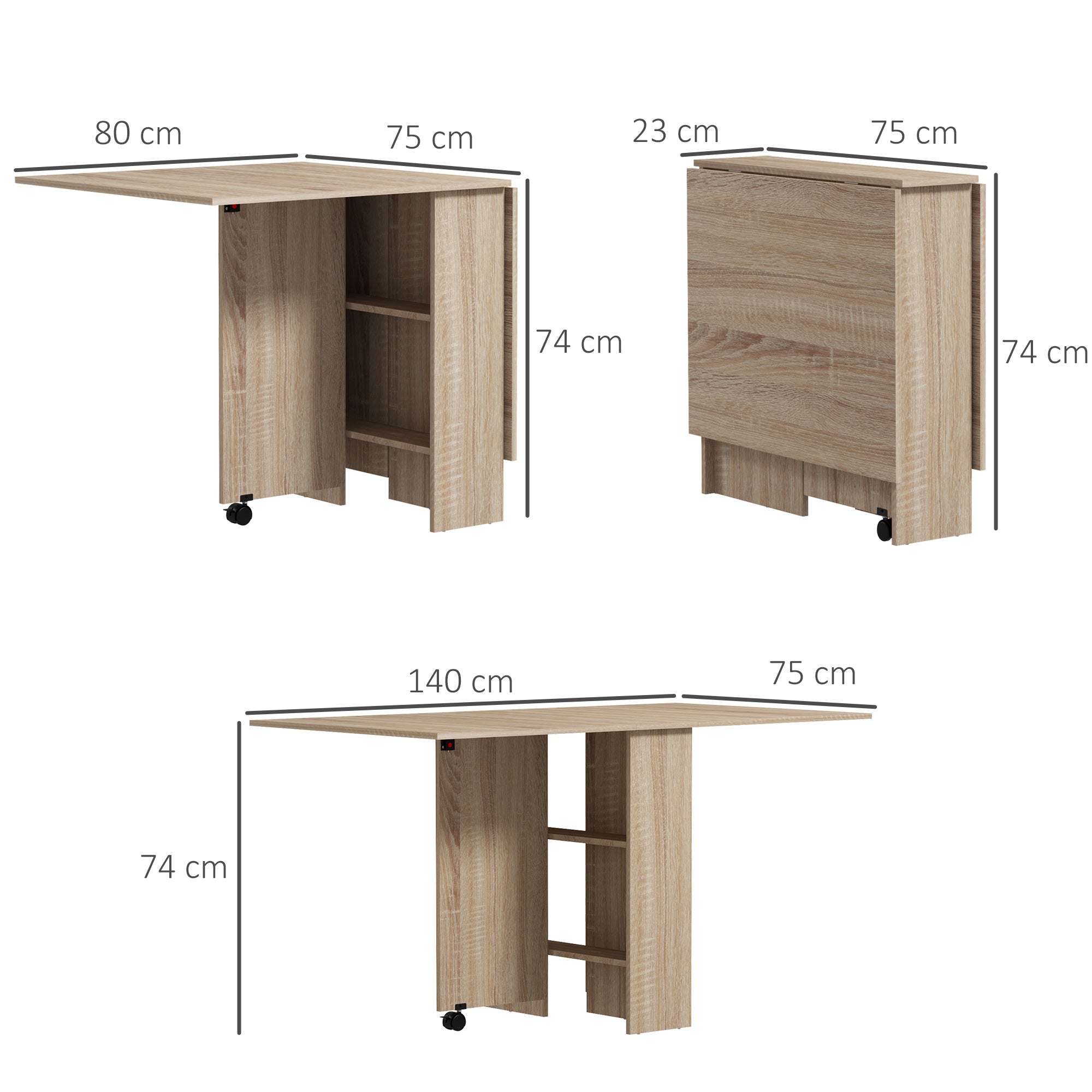 HOMCOM Folding Dining Table, Drop Leaf Table for Small Spaces with 2-tier Shelves, Small Kitchen Table with Rolling Casters, Natural - North Peak Garden Furniture