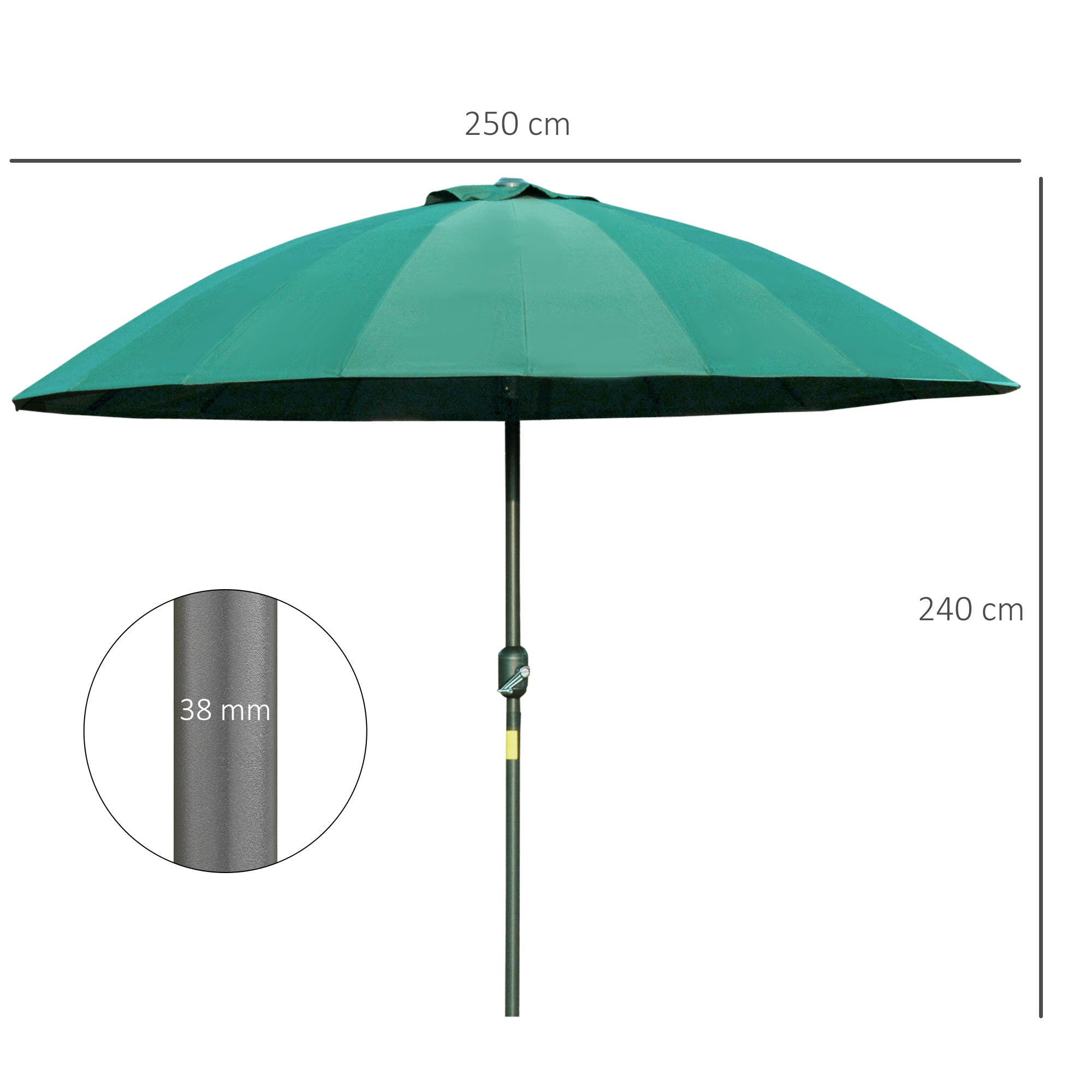 Outsunny 2.5m Shanghai Garden Parasol Umbrella with Crank & Tilt, Adjustable Outdoor Sun Shade, Green - North Peak Garden Furniture