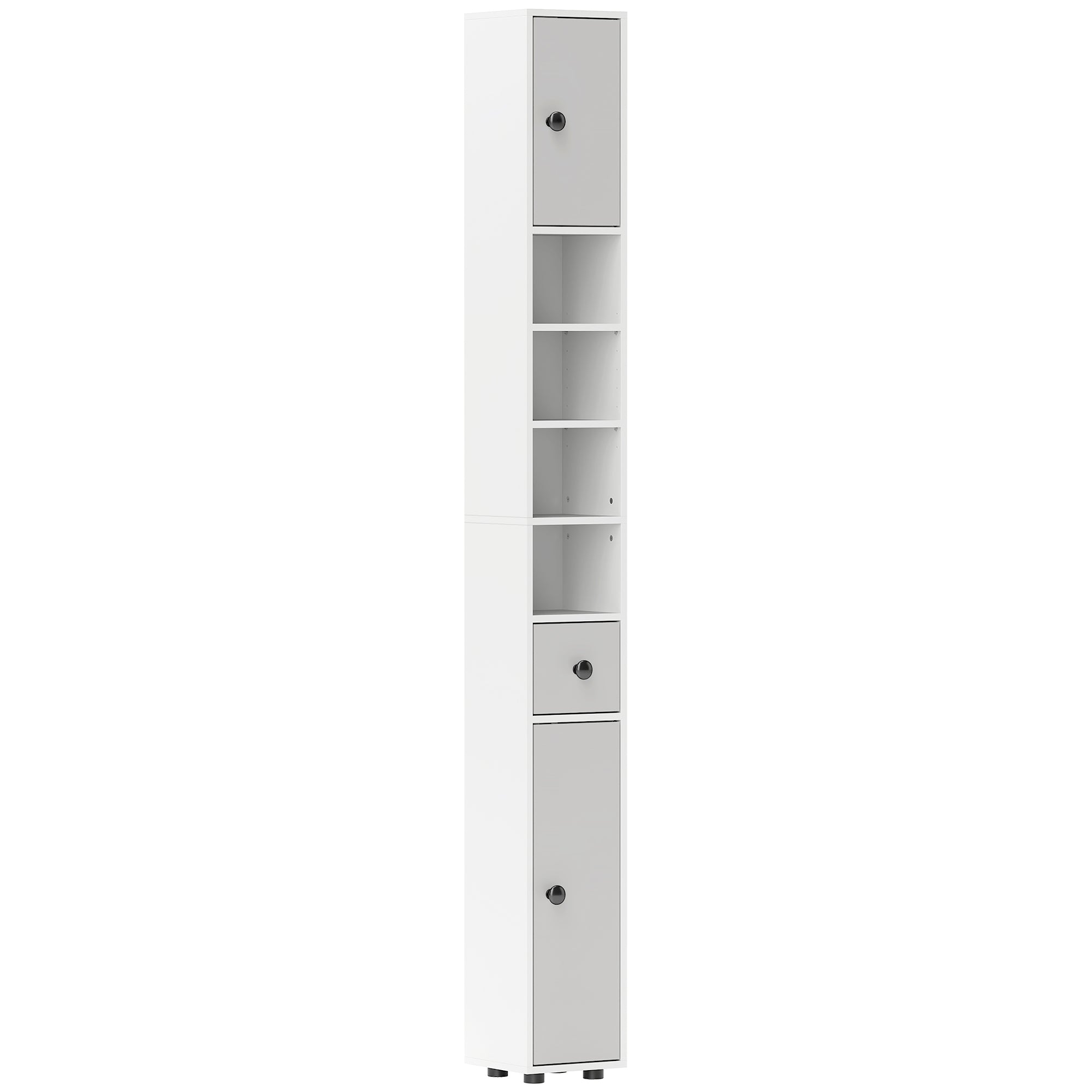 kleankin 180cm Slim Bathroom Cabinet, with Drawer, Shelves and Cupboards - Light Grey - North Peak Garden Furniture