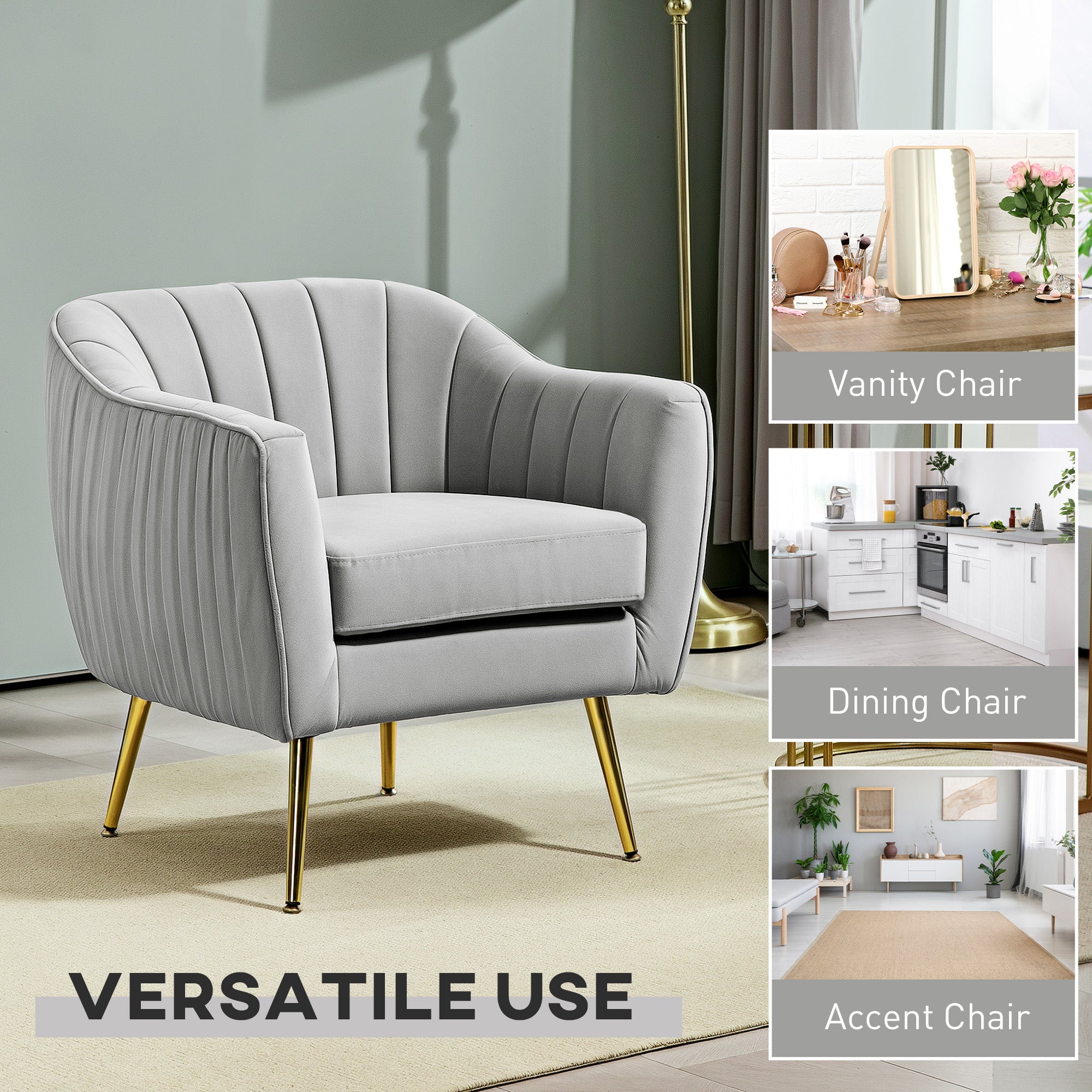 HOMCOM Velvet-Feel Shell Back Accent Chair - Grey - North Peak Garden Furniture