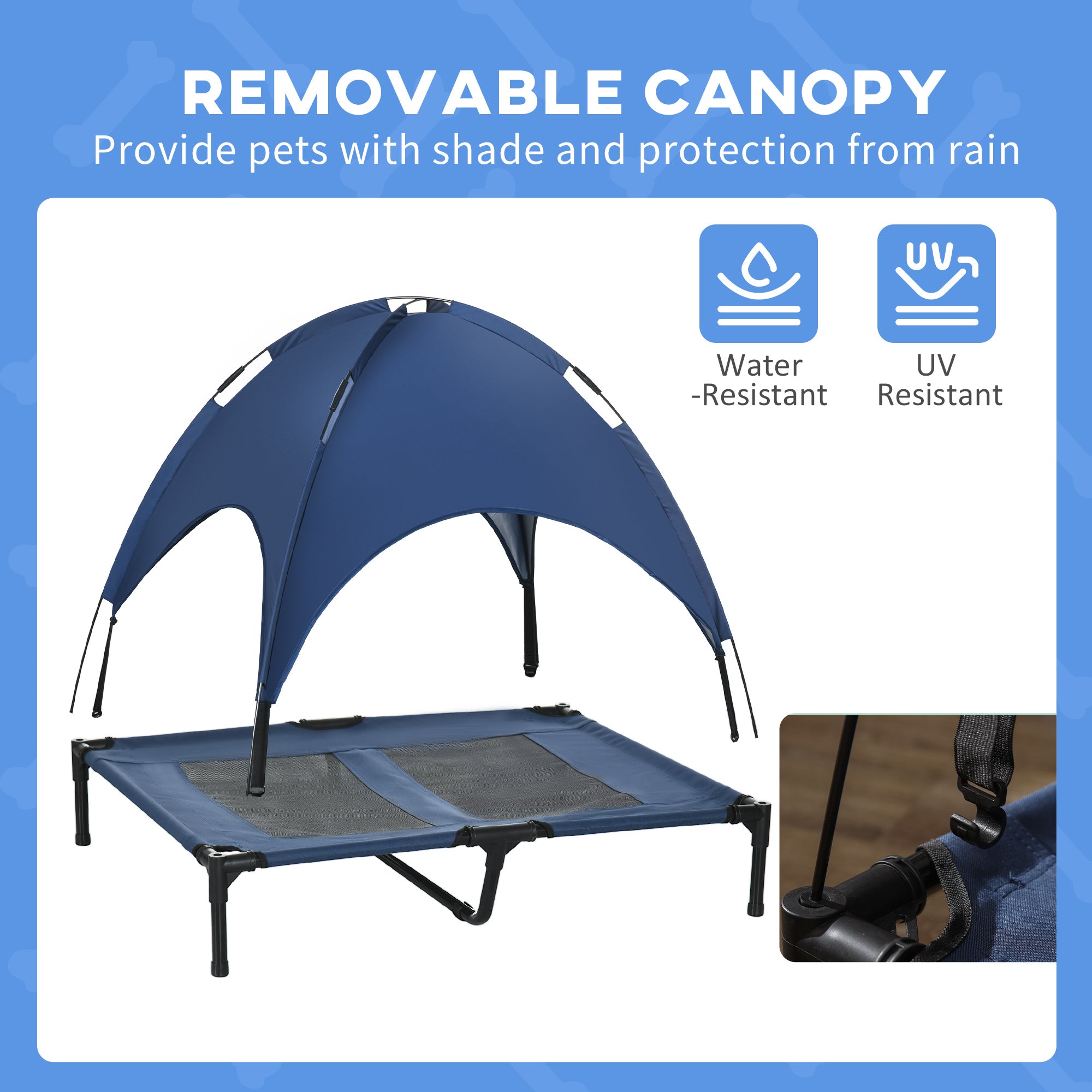 PawHut Raised Dog Bed Waterproof Elevated Pet Cot with Breathable Mesh UV Protection Canopy Blue, for Large Dogs, 92 x 76 x 90cm - North Peak Garden Furniture