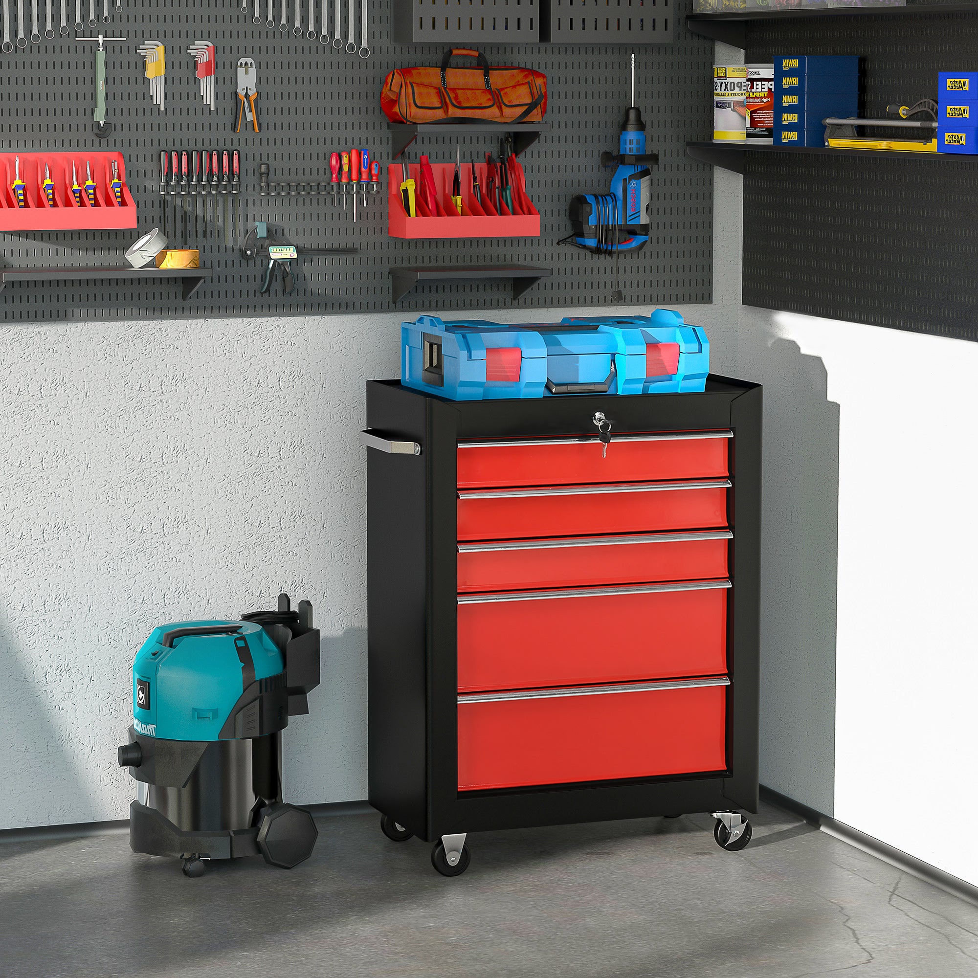 HOMCOM 5-Drawer Tool Chest, Lockable Steel Tool Storage Cabinet with Wheels and Handle Tool Box for Garage, Workshop, Red - North Peak Garden Furniture
