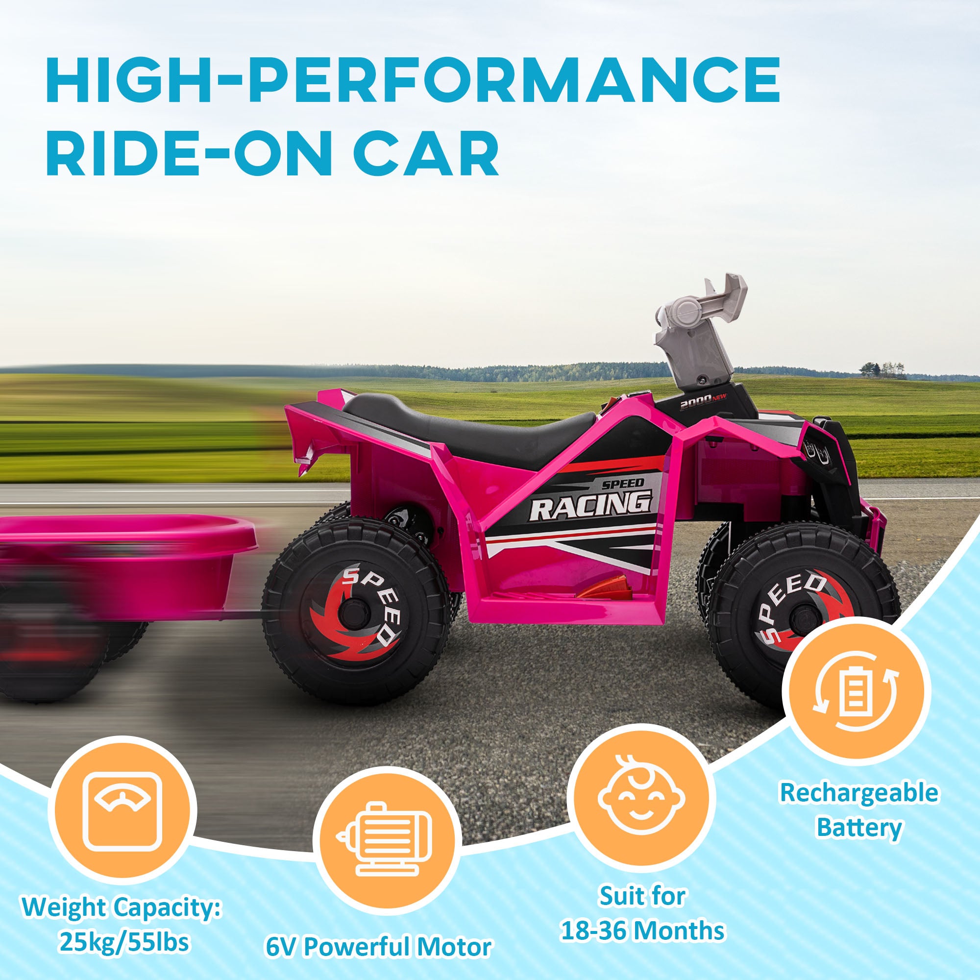 HOMCOM 6V Quad Bike with Back Trailer, Wear-Resistant Wheels, for Ages 18-36 Months, Pink - North Peak Garden Furniture