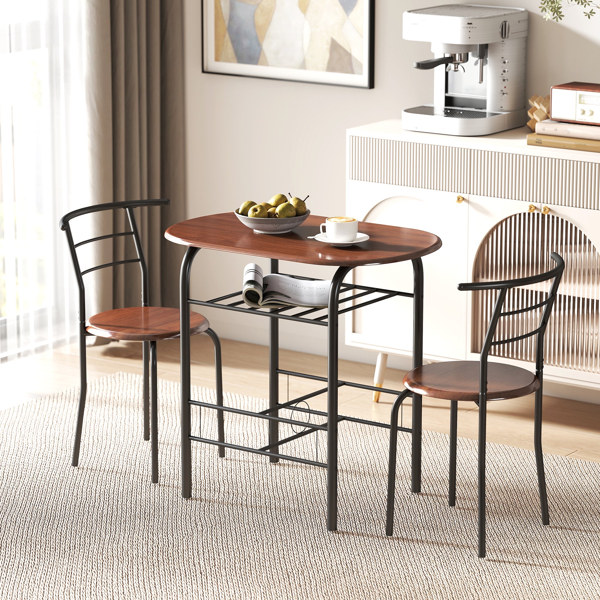 HOMCOM 3-Piece Dining Table Set , Metal Frame Wood Top Breakfast Bar Table Set for 2, Dining Table w/Storage Shelf & 2 chairs