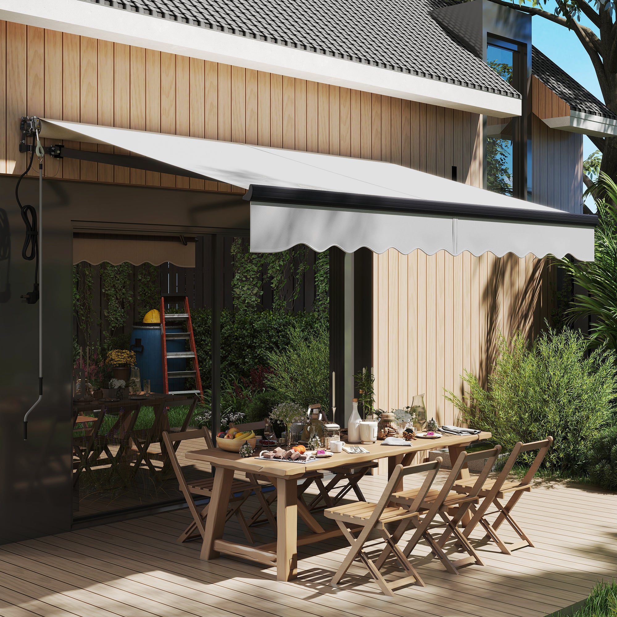 Outsunny 3 x 2.5m Electric Awning with Remote Controller, Aluminium Frame DIY Retractable Awning, UV30+ Sun Shade Canopy for Garden Patio Deck Door Window, Light Grey - North Peak Garden Furniture