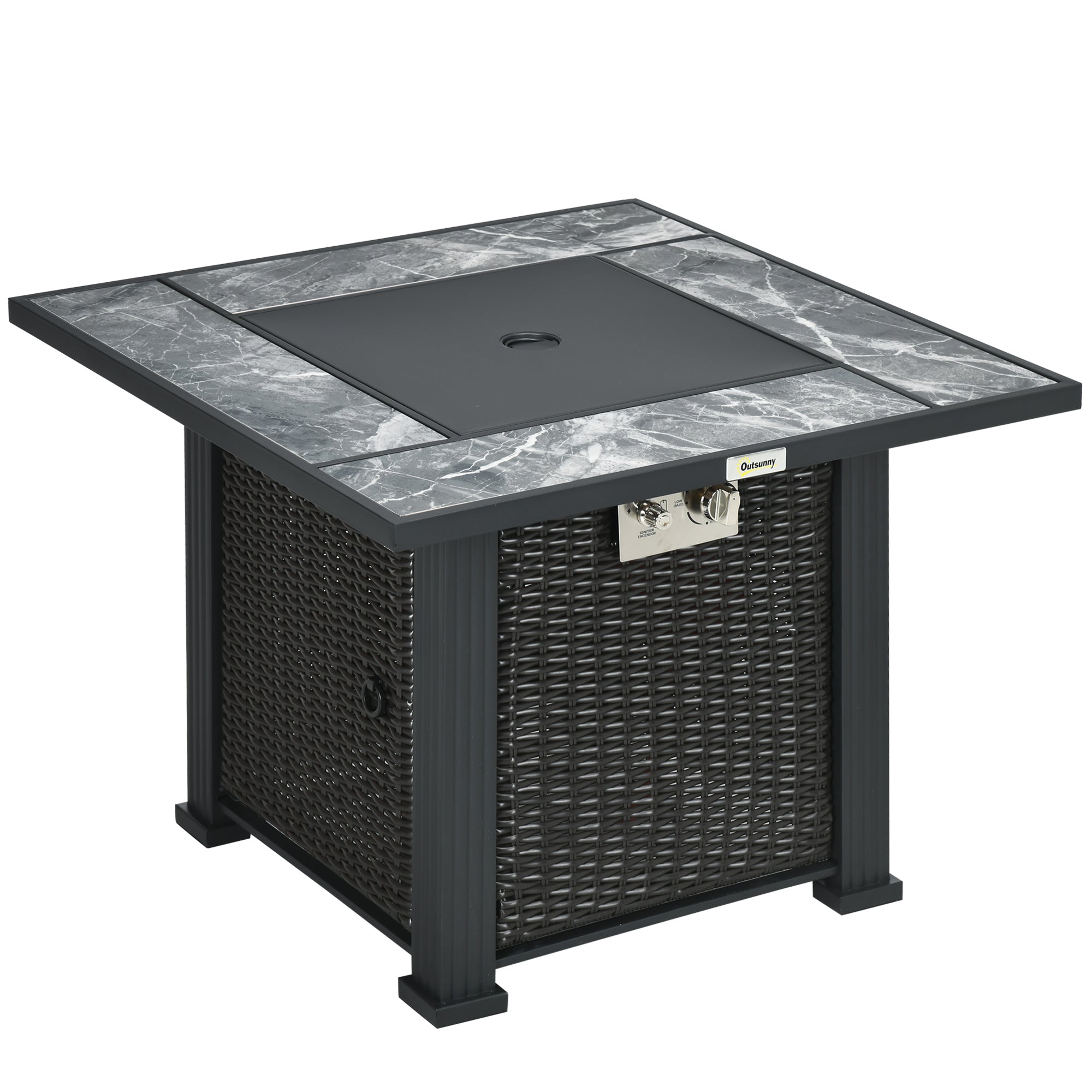 Outsunny Outdoor PE Rattan Gas Fire Pit Table, Patio Square Propane Heater with Marble Desktop, Rain Cover, Glass Windscreen, and Glass Stones, 50,000 BTU, Black - North Peak Garden Furniture