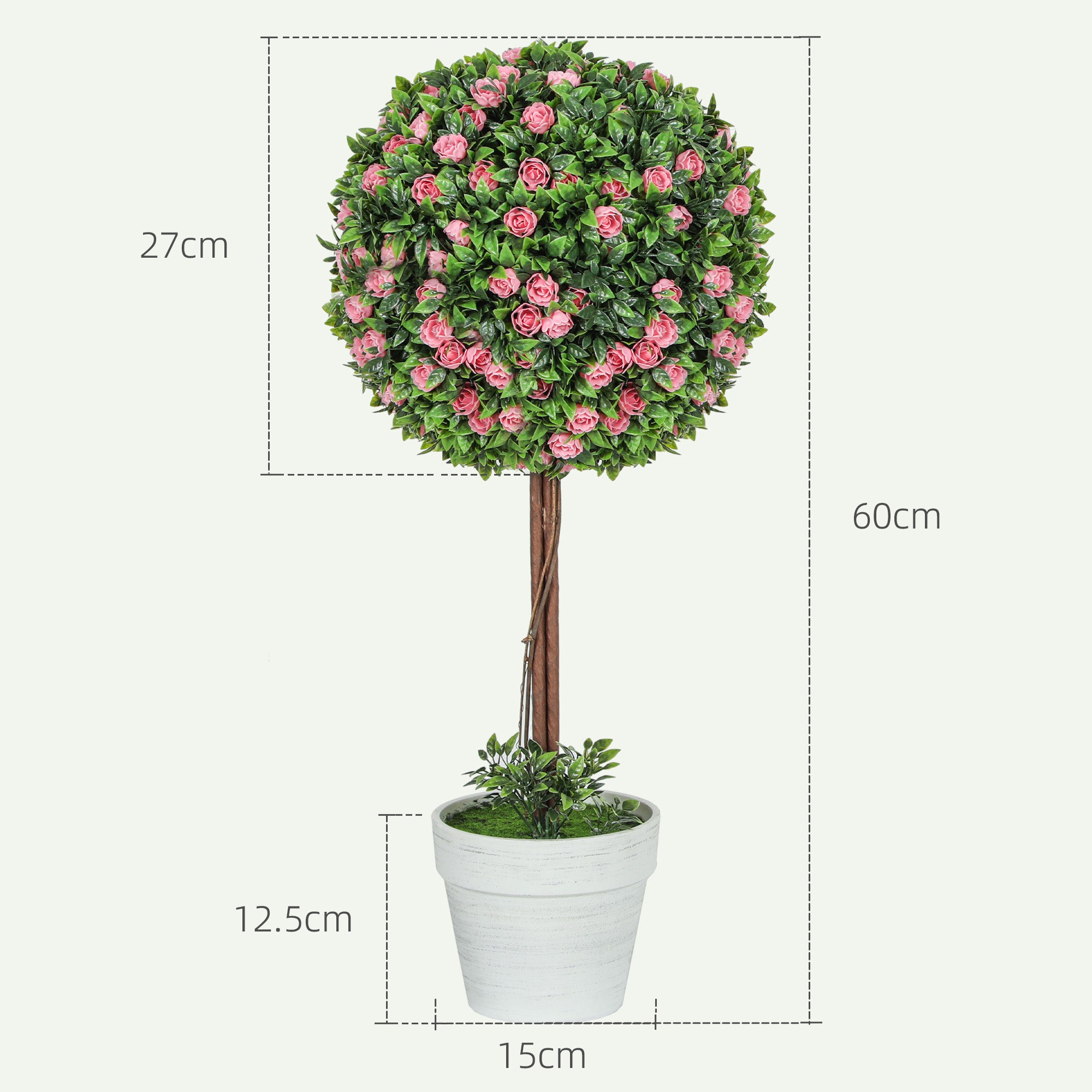 HOMCOM Set of 2 Decorative Artificial Plants, Ball Topiary Tree with Rose Flower in Pot, Fake Plants for Home Indoor Outdoor Decor, 60cm, Pink
