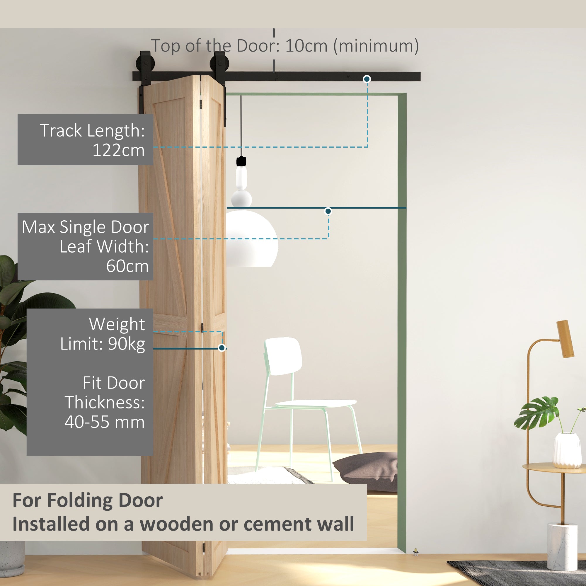 HOMCOM 4FT/122CM Bi-Folding Sliding Barn Door Hardware Track Kit, Heavy Duty Sliding Door Kit for 2 Doors with J Shape Hanger - North Peak Garden Furniture