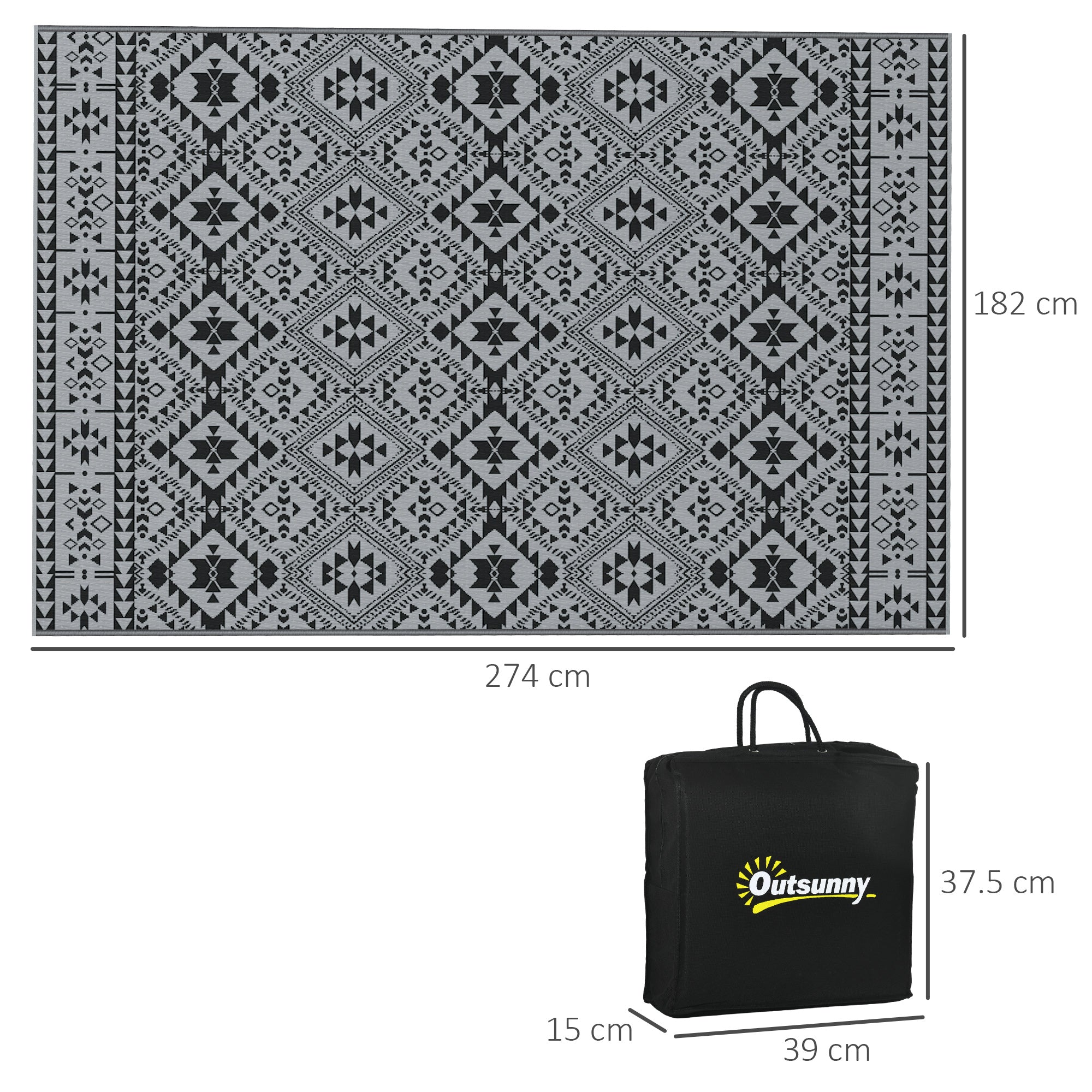 Outsunny 182 x 274cm Reversible Patterned Outdoor Rug, with Bag - Black/Grey - North Peak Garden Furniture