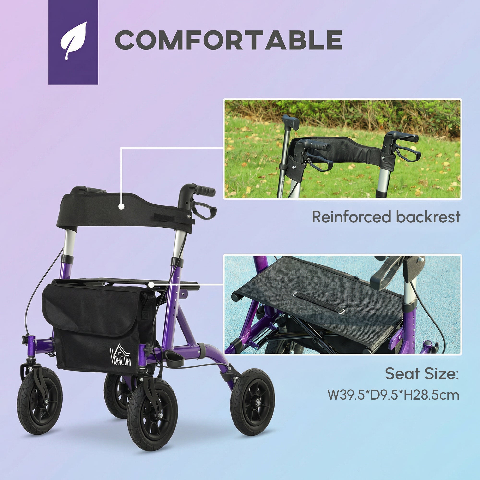 HOMCOM Folding Rollator Walker with Seat, Backrest, Lightweight Walking Frame with Storage Bag, Dual Brakes, All-terrain Wheels, Adjustable Handle Height, 4 Wheeled Walker for Seniors, Purple