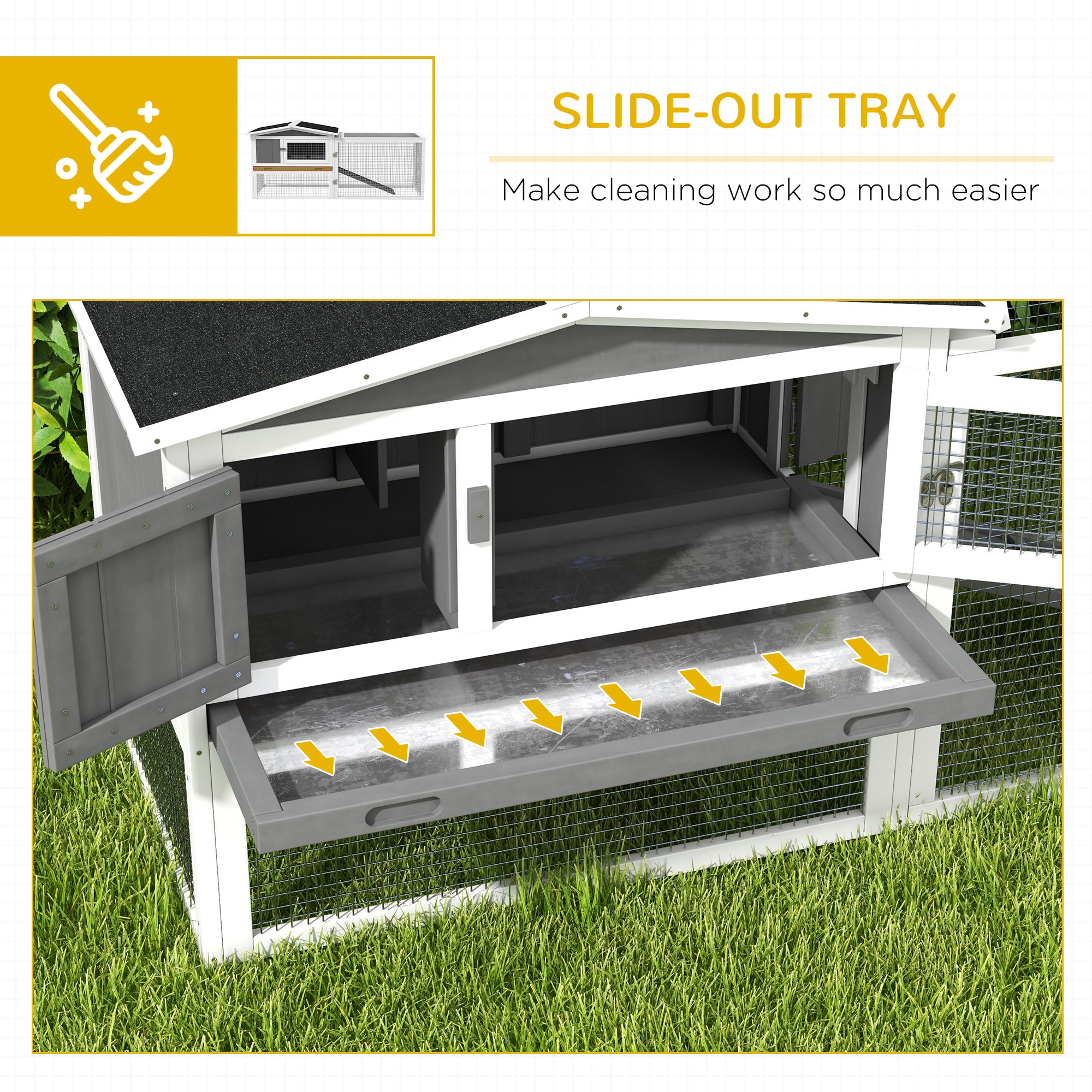 PawHut Rabbit Hutch with Run Wooden Guinea Pig Hutch Outdoor Bunny Cage Hide House with Sliding Tray, Hay Rack, Ramp, 156 x 58 x 68cm, Grey - North Peak Garden Furniture