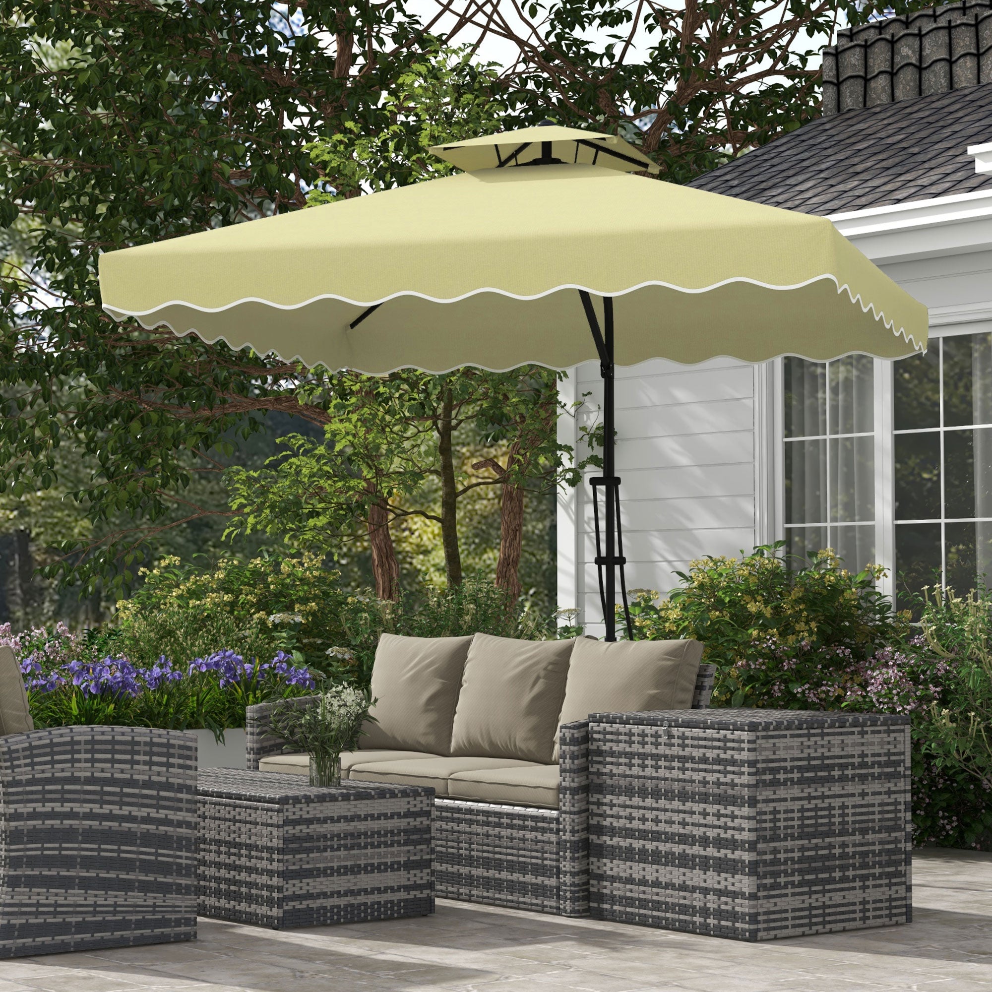 Outsunny 2.5m Square Double Top Garden Parasol Cantilever Umbrella with Ruffles, Beige - North Peak Garden Furniture