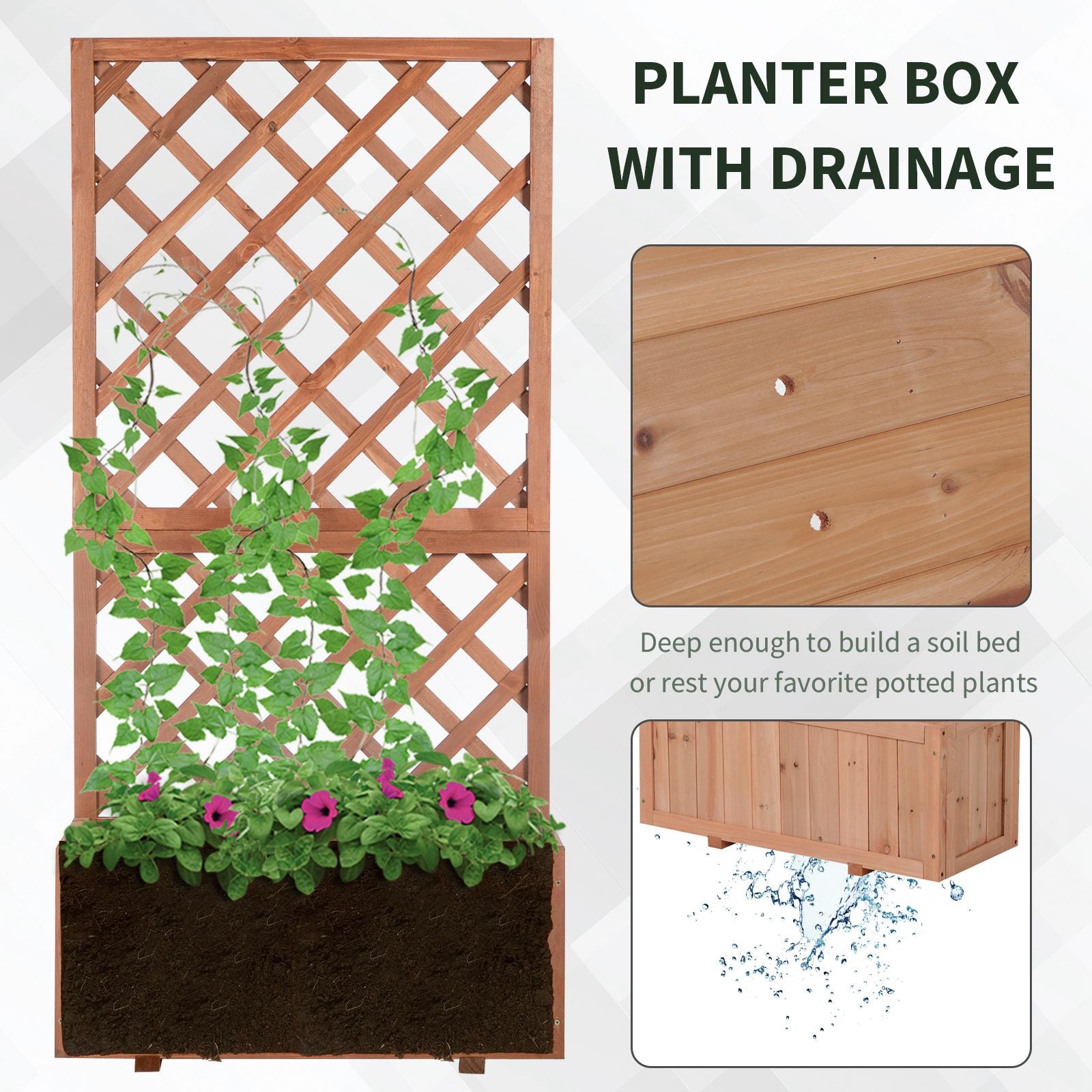 Outsunny 72.5 x 31.5 x 149.5 cm 45L Garden Wooden Pine Trough Planter with Topped Trellis Climbing Plants Flower Raised Bed, Orange - North Peak Garden Furniture