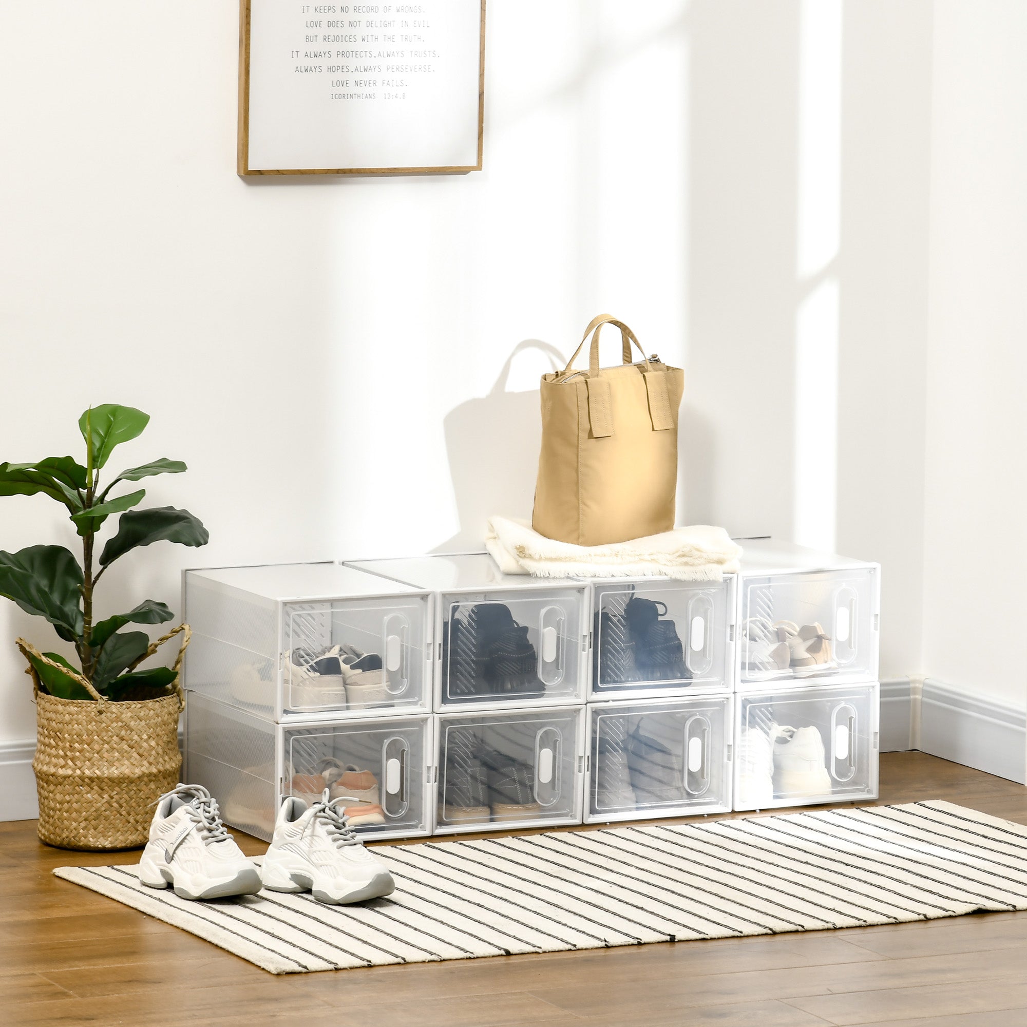 HOMCOM 8PCS Clear Shoe Box, Plastic Stackable Shoe Storage Box for UK/EU Size up to 8.5/43 with Magnetic Door for Women/Men, 25 x 35 x 19cm - North Peak Garden Furniture