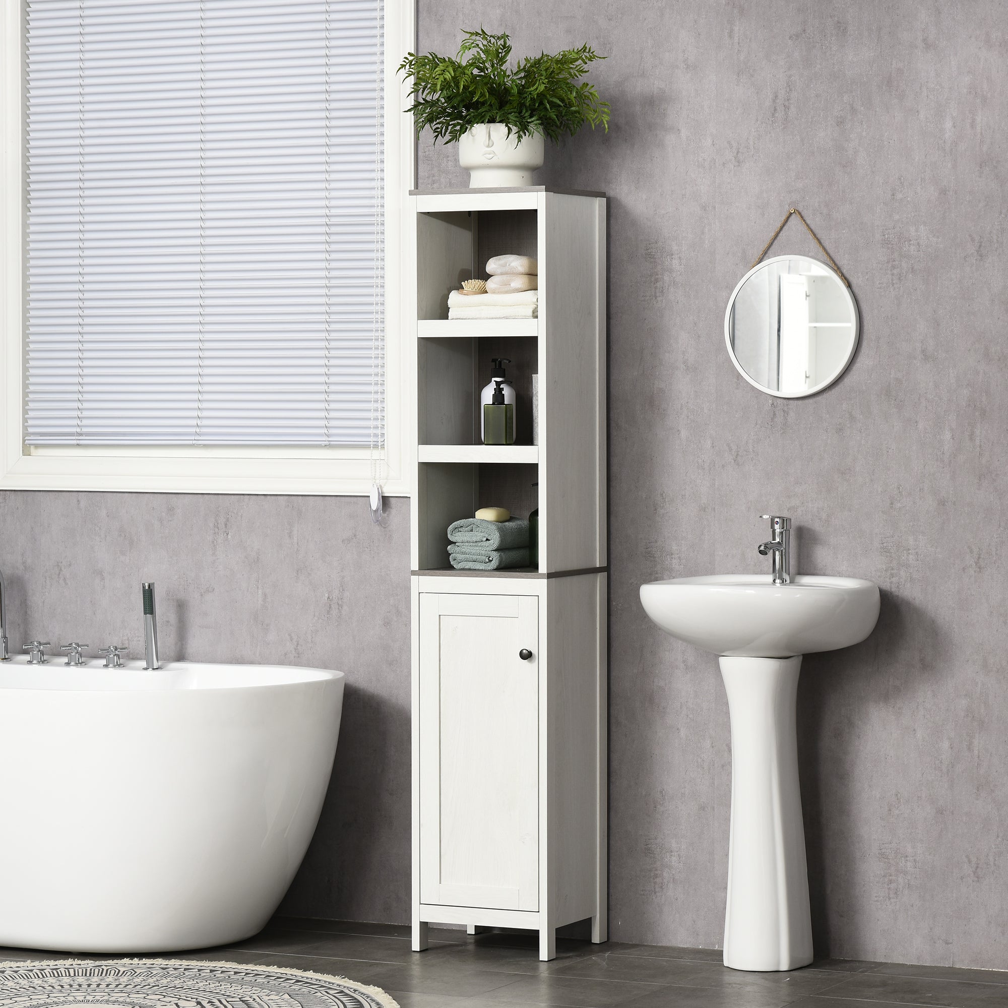 kleankin Tall Bathroom Storage Cabinet, Freestanding Tower Cabinet with 3 Open Shelves and Adjustable Shelf, Antique White - North Peak Garden Furniture