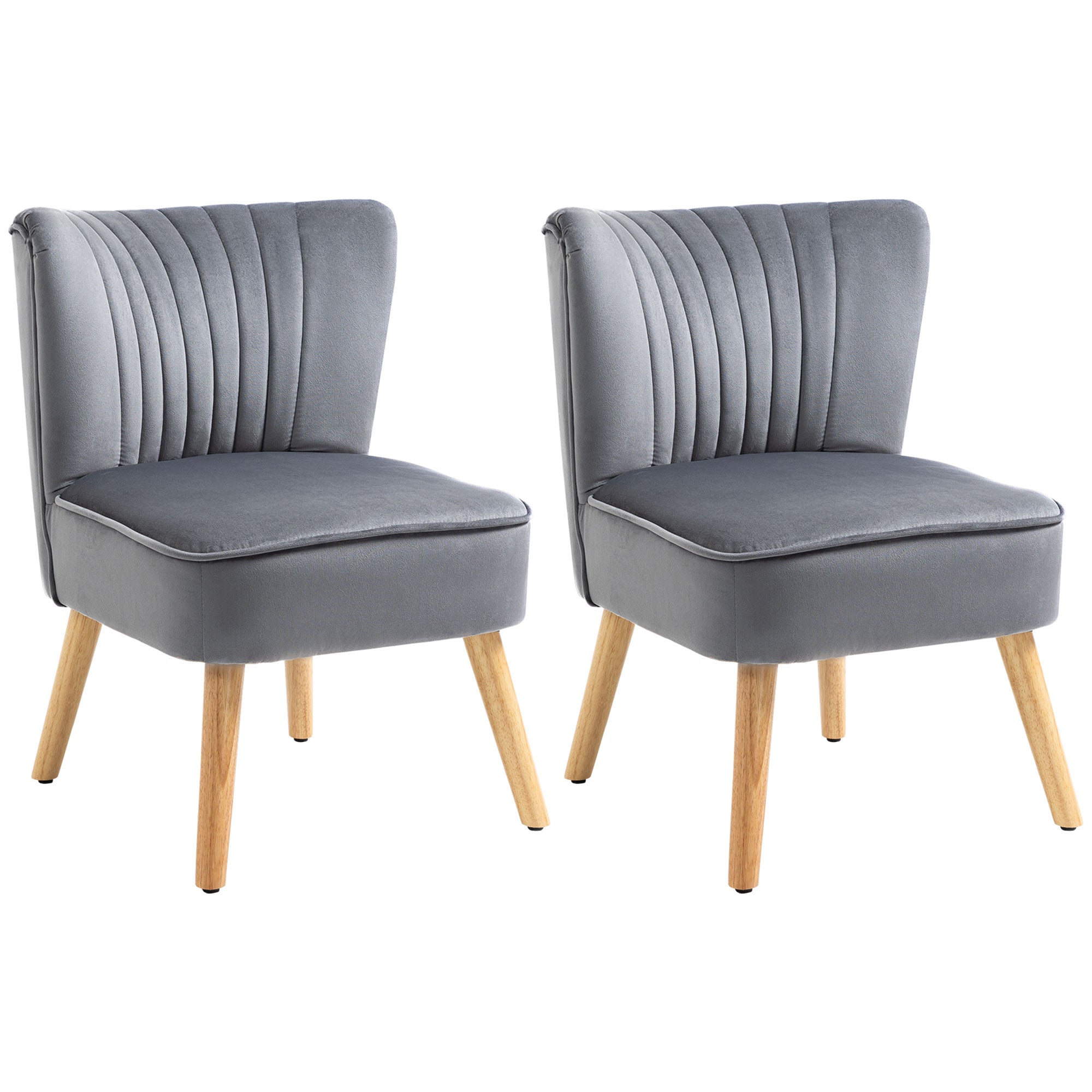 HOMCOM Velvet Accent Chair Occasional Tub Seat Padding Curved Back with Wood Frame Legs Home Furniture Set of 2 Grey