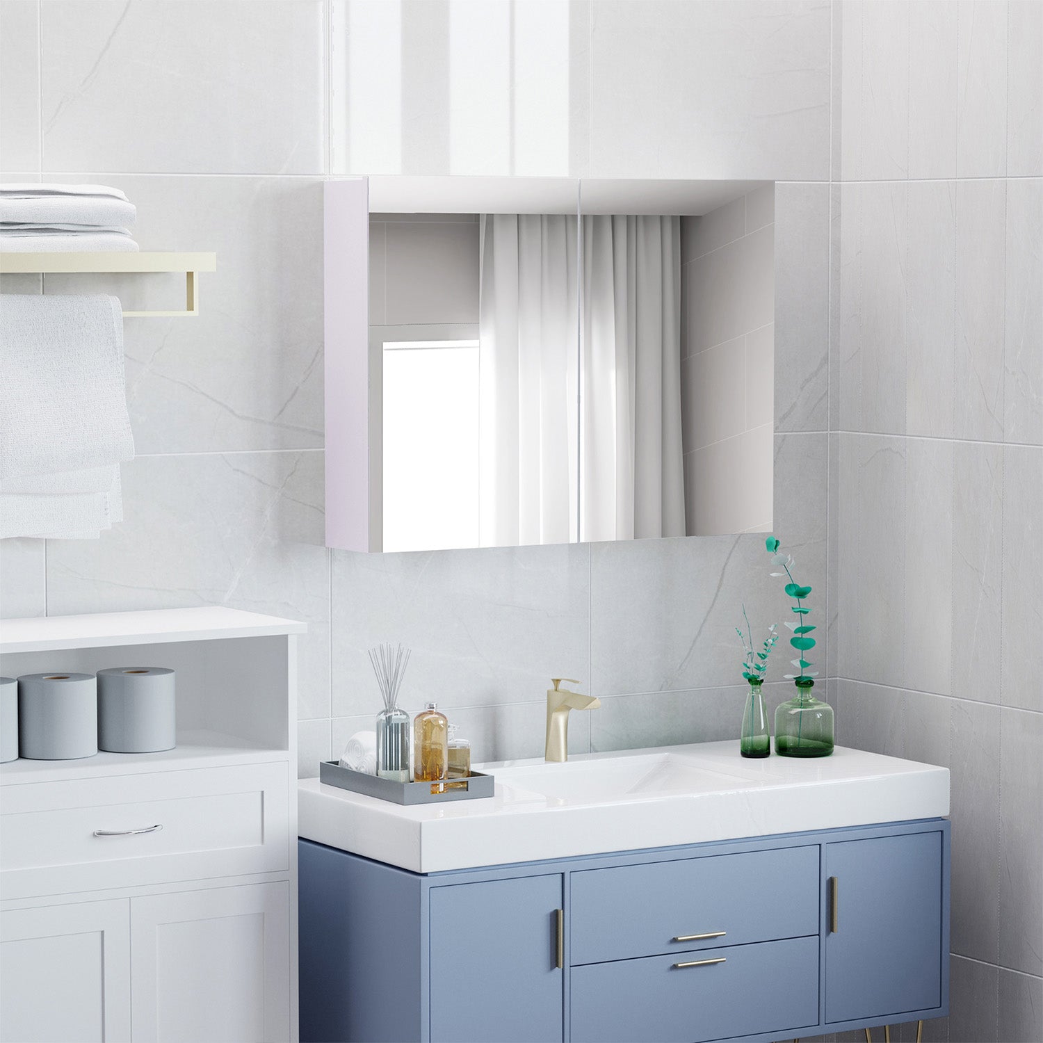 HOMCOM Double Door Wall Mounted Glass Mirror Cabinet Modern Storage Unit Bathroom Shelf Organiser Waterproof Wooden Frame 80Wx15Dx60H(cm) - North Peak Garden Furniture