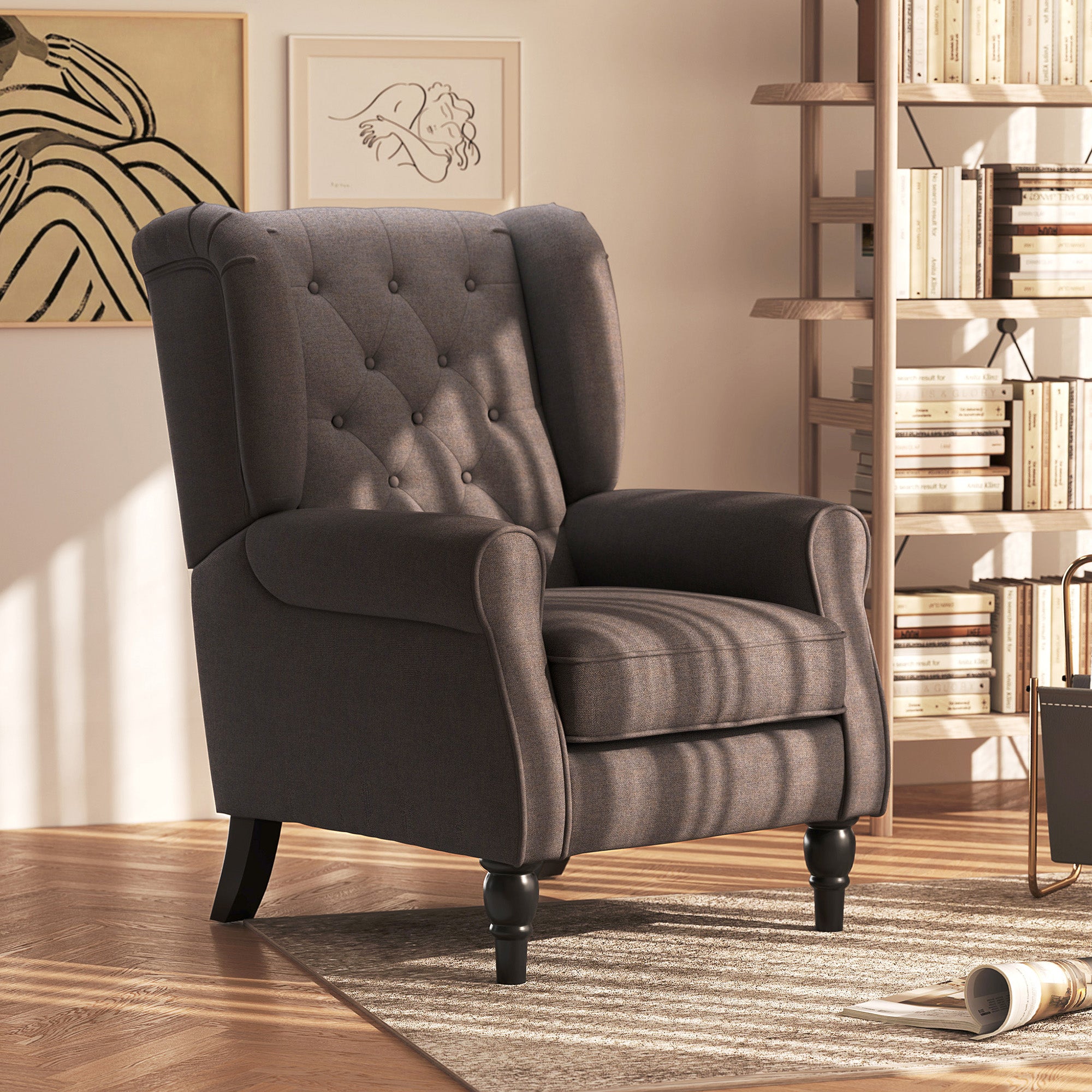HOMCOM Retro Accent Chair, Wingback Armchair with Wood Frame Button Tufted Design for Living Room Bedroom, Brown - North Peak Garden Furniture