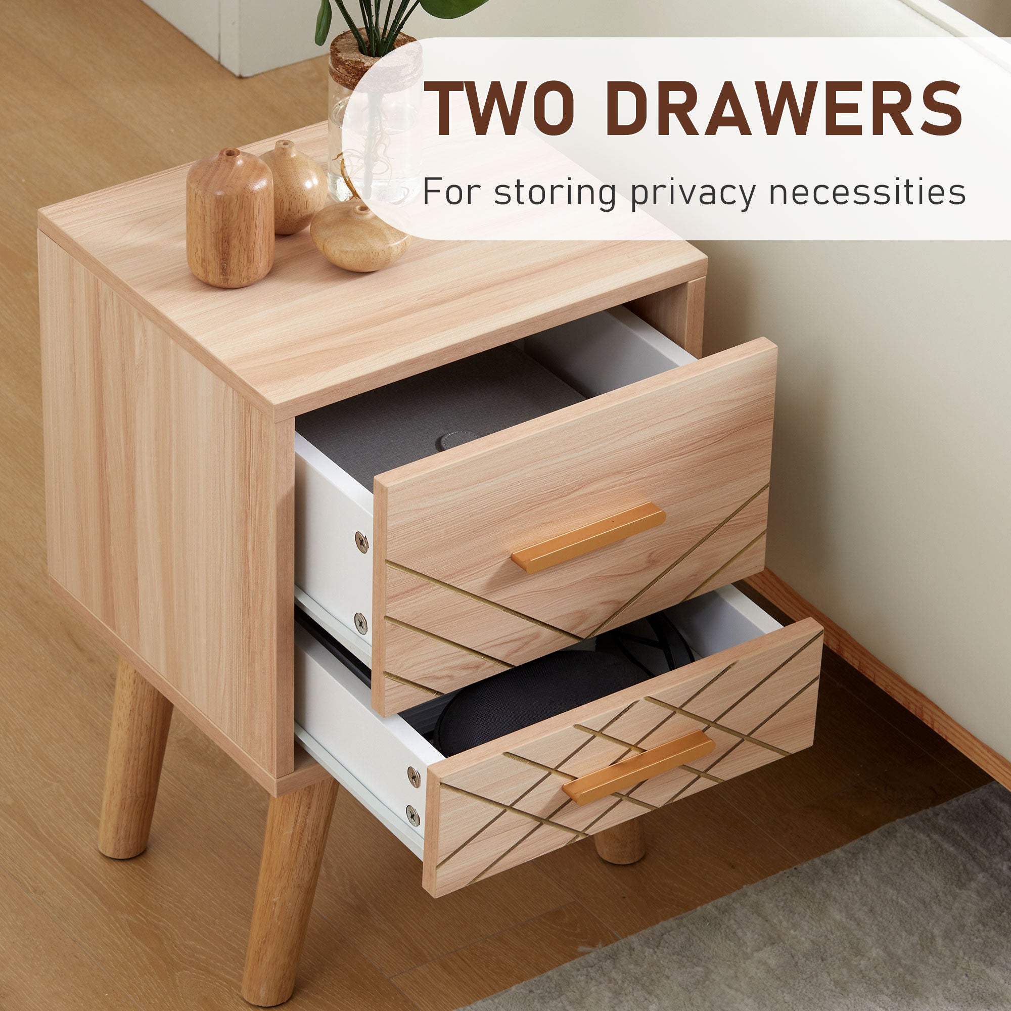 HOMCOM Bedside Cabinet, Scandinavian Bedside Table with Drawers, Bed Side Table with Wood Legs, Natural - North Peak Garden Furniture