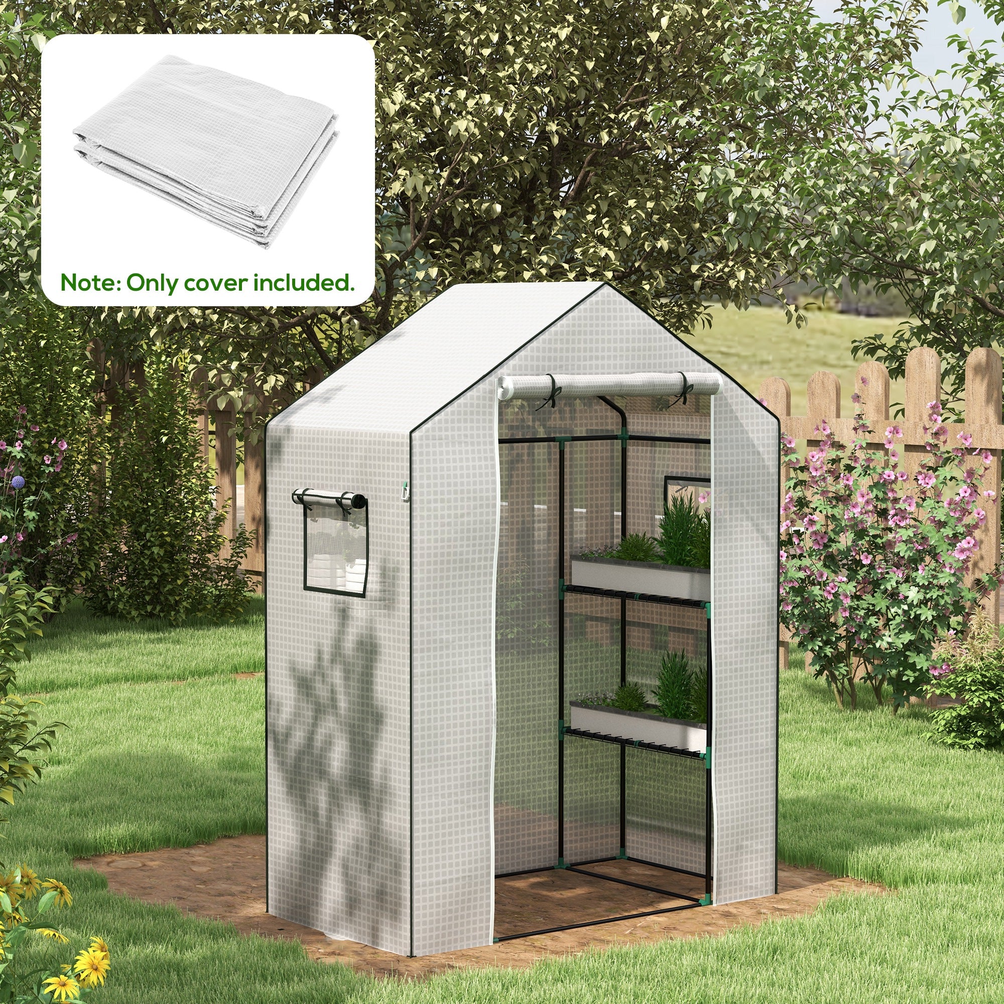 Outsunny Greenhouse Cover Replacement Walk-in PE Hot House Cover with Roll-up Door and Windows, 140 x 73 x 190cm, White - North Peak Garden Furniture