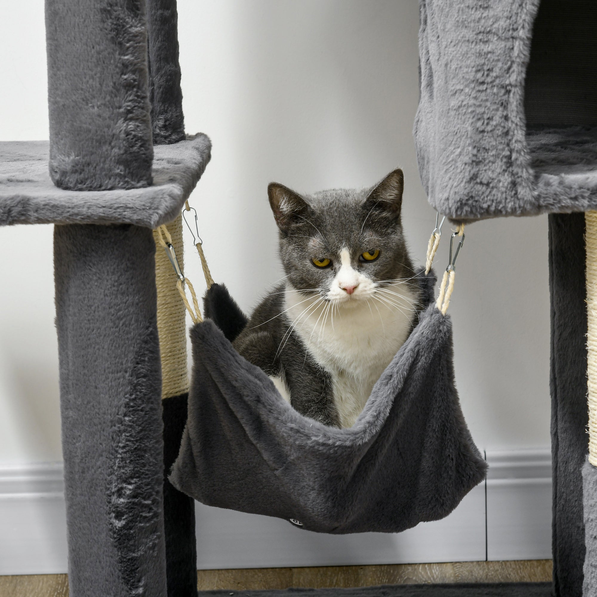PawHut 177cm Cat Tree with Scratching Post, Hammock, Cat House - Dark Grey - North Peak Garden Furniture