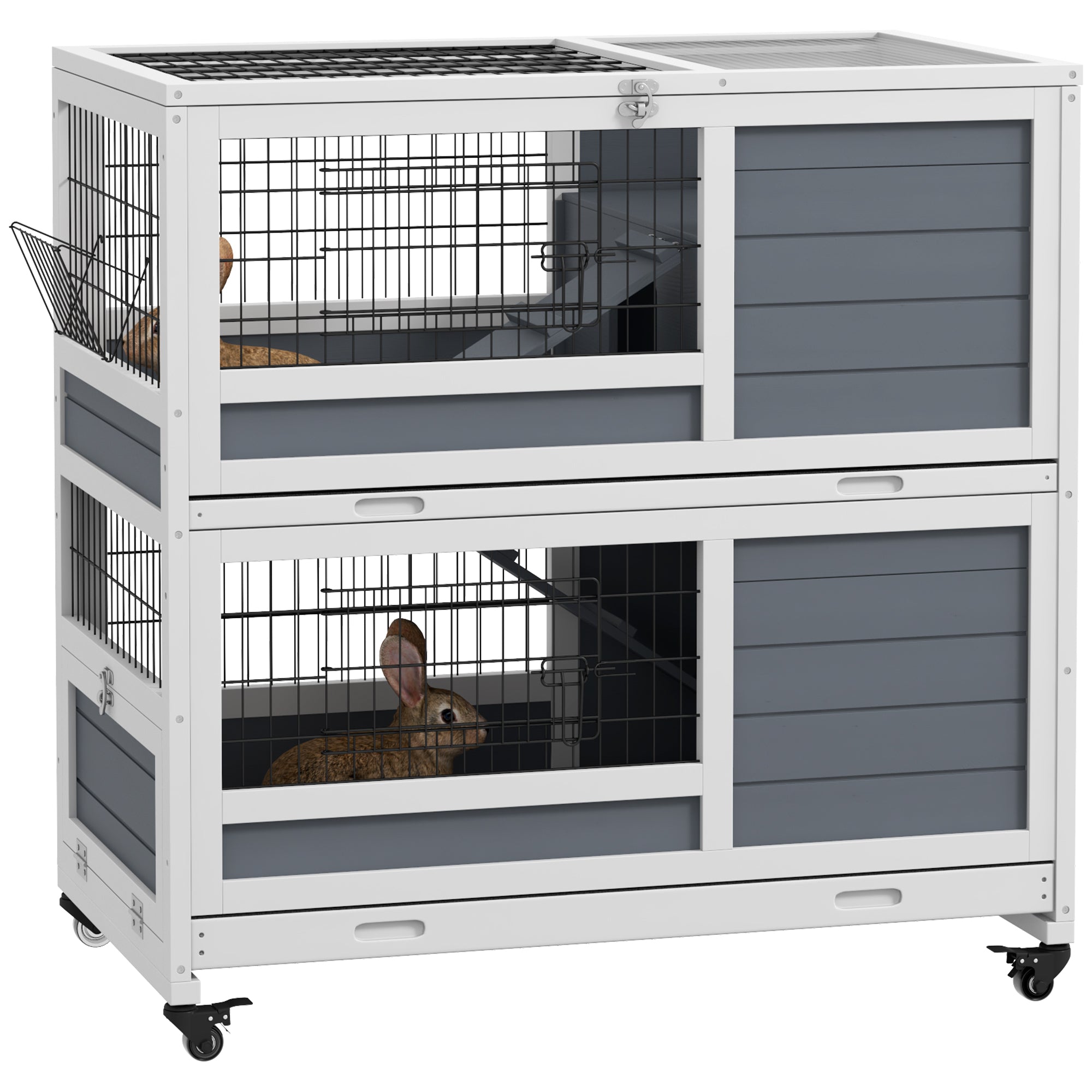 PawHut Double Deckers Guinea Pig Cage, Indoor Rabbit Hutch with Feeding Trough, Trays, Ramps, Openable Top - Grey - North Peak Garden Furniture