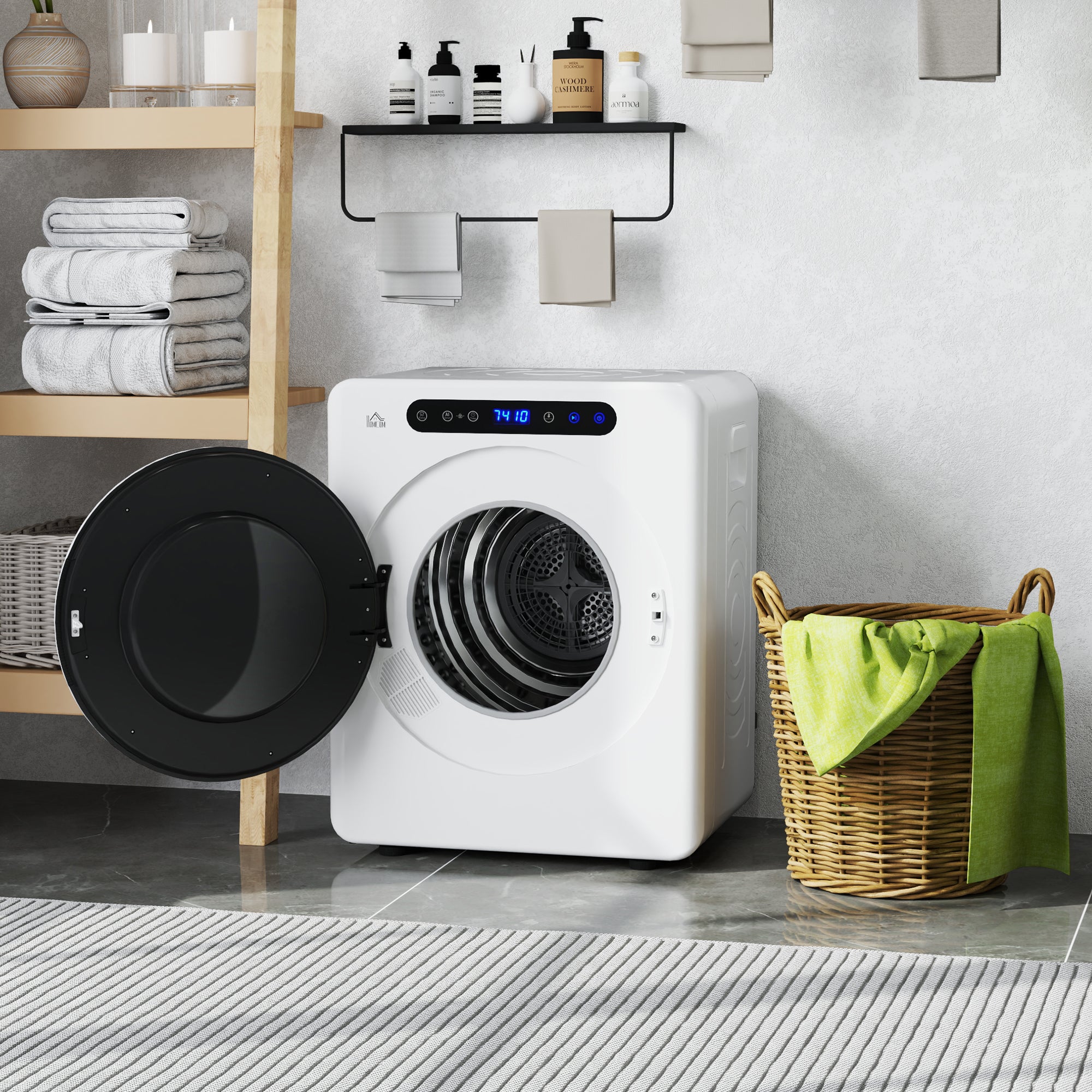 HOMCOM 8kg Vented Tumble Dryer, 1000W Compact Freestanding Front Tumble Dryer with Stainless Steel Tub, Timer, 6 Heat Settings, Small Portable Clothes Dryer, White - North Peak Garden Furniture