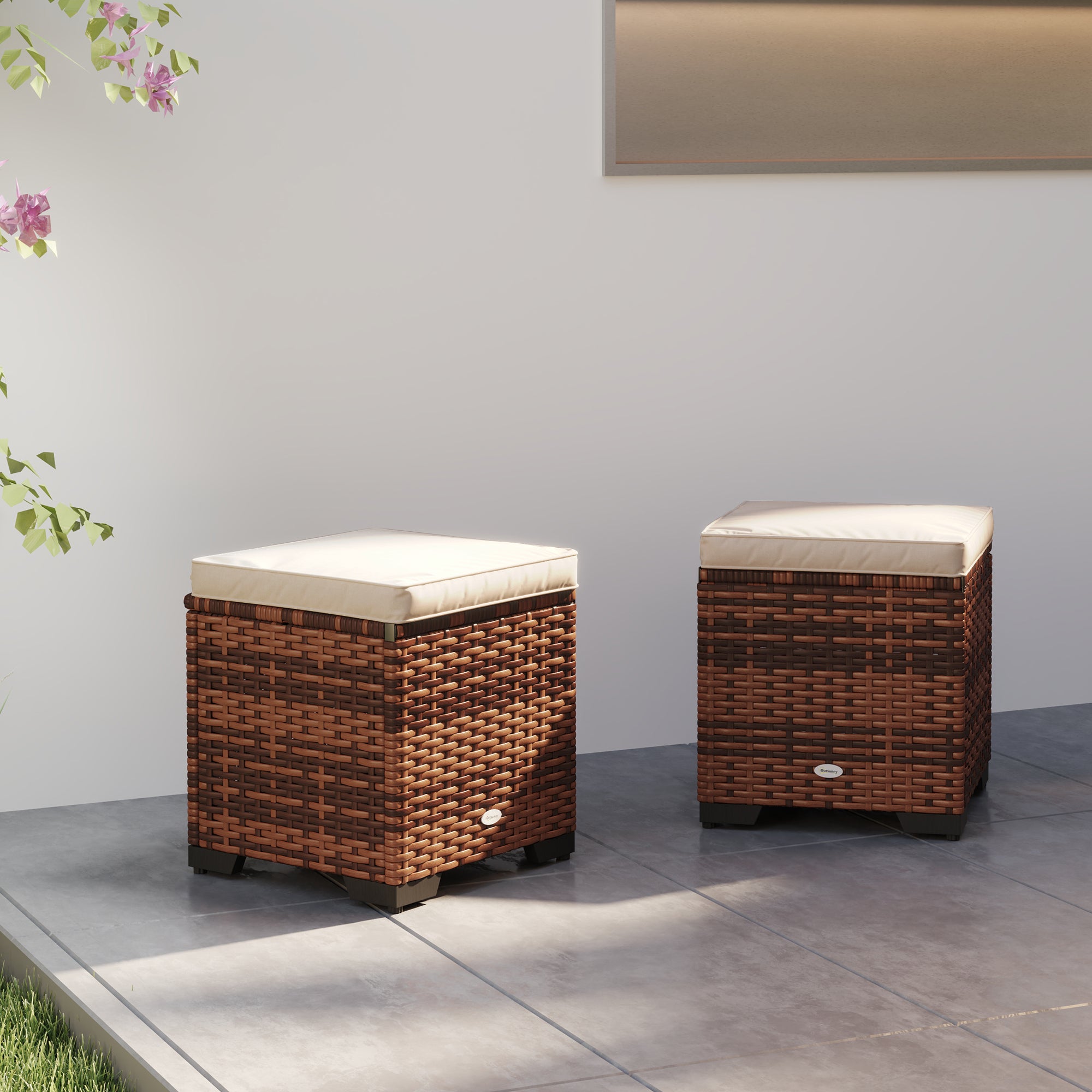 Outsunny Set of 2 Rattan Storage Ottoman, Outdoor Footstool with Removable Cushions, Garden Storage Seat for Balcony, Poolside, Living Room, Beige - North Peak Garden Furniture