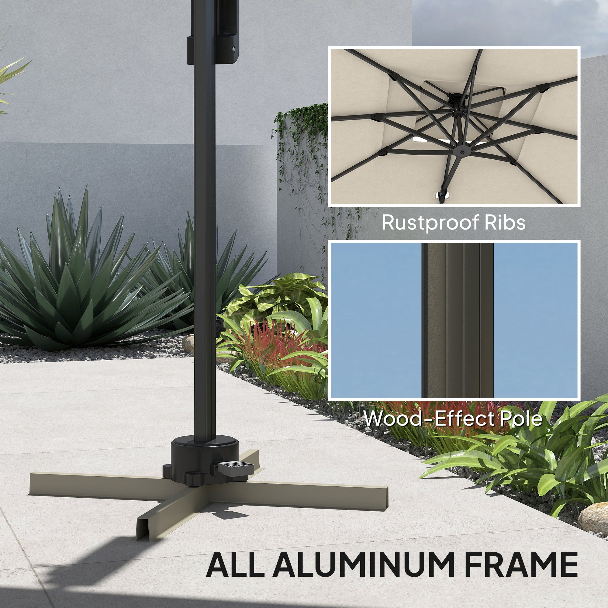 Outsunny 3.7 x 2.7 m Cantilever Parasol w/ 360° Rotation and Easy Tilt Adjustment, Aluminium Hanging Offset Outdoor Umbrella w/ Double Top and Cross Base, UPF50+ Hanging Sun Shade, Black - North Peak Garden Furniture