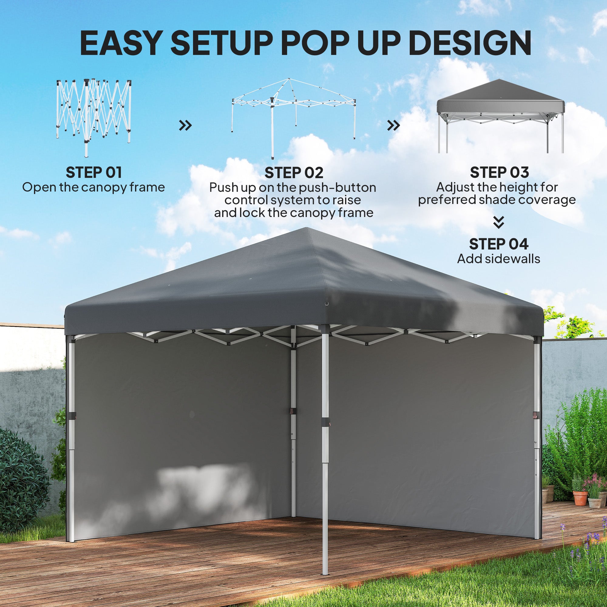 Outsunny 3 x 3 (M) Pop Up Gazebo, UPF 30+ with 2 Sidewalls, Leg Weight Bags and Wheeled Bag, Height Adjustable Party Tent Event Shelter for Garden, Patio, Dark Grey