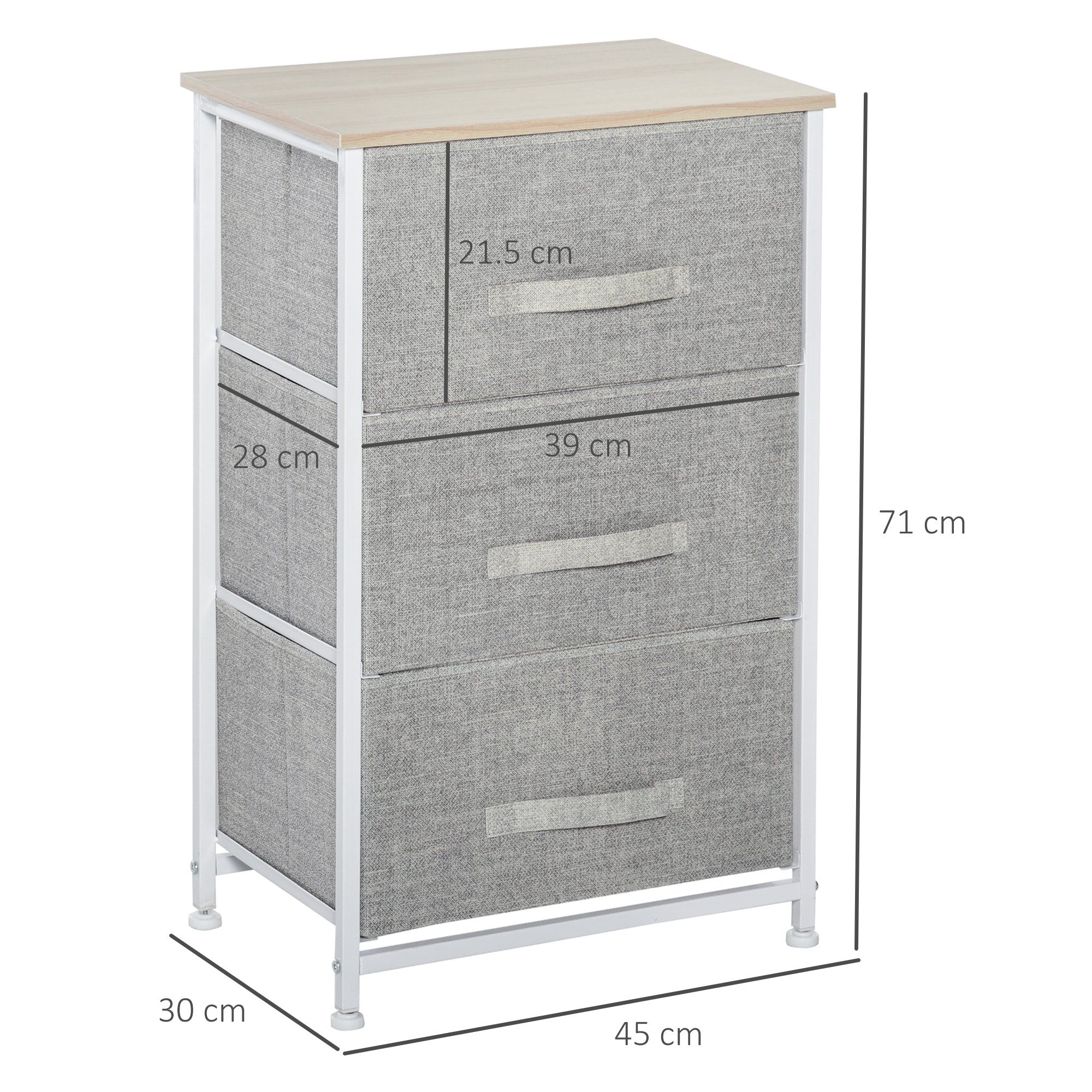 HOMCOM Vertical 3-Tier Linen Drawer Cabinet Organizer Storage Dresser Tower with Metal Frame Adjustable Feet for Living Room, Bathroom, Kitchen, White, Oak and Light Grey - North Peak Garden Furniture