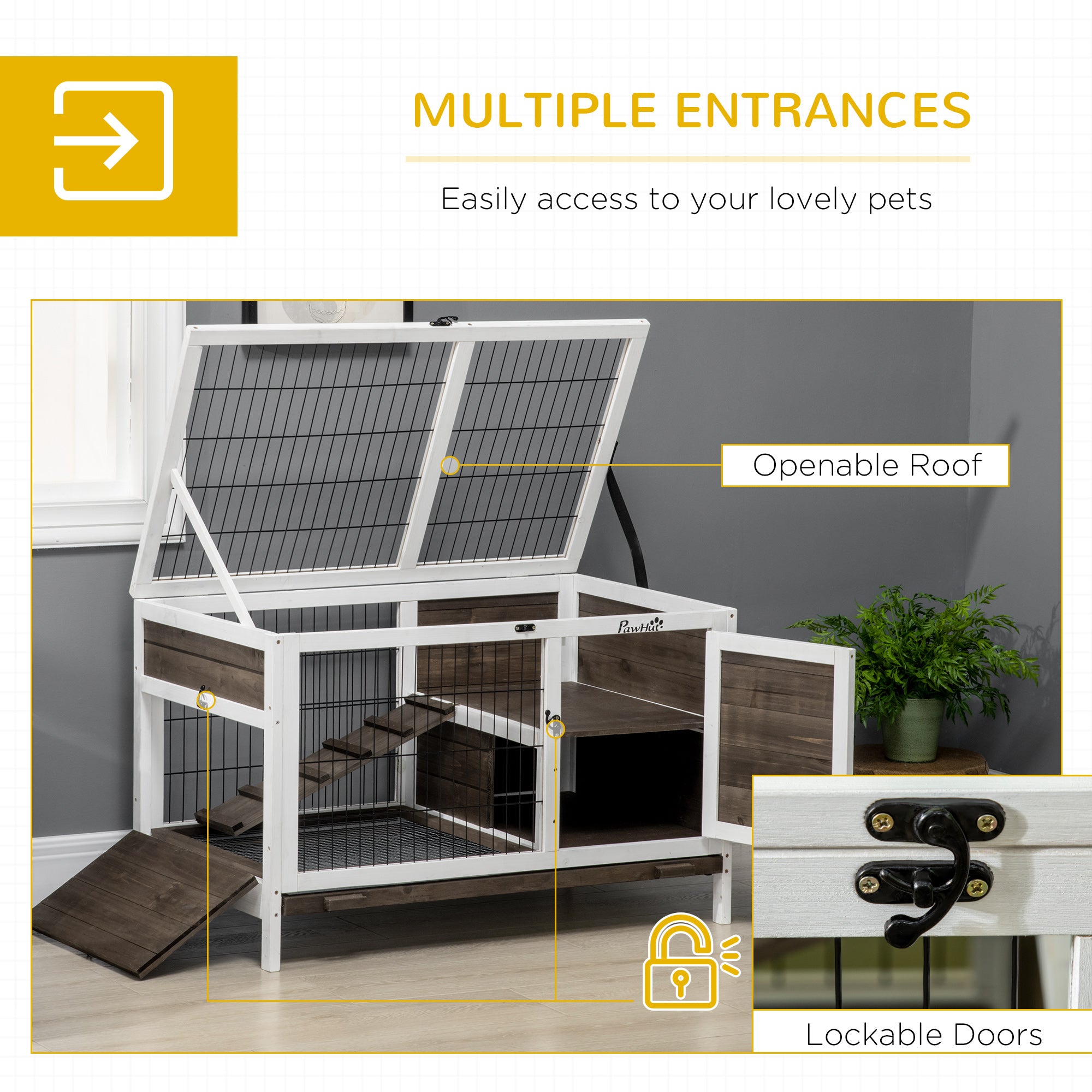 PawHut Wooden Rabbit Hutch, Guinea Pig Cage, with Removable Tray, Openable Roof - North Peak Garden Furniture