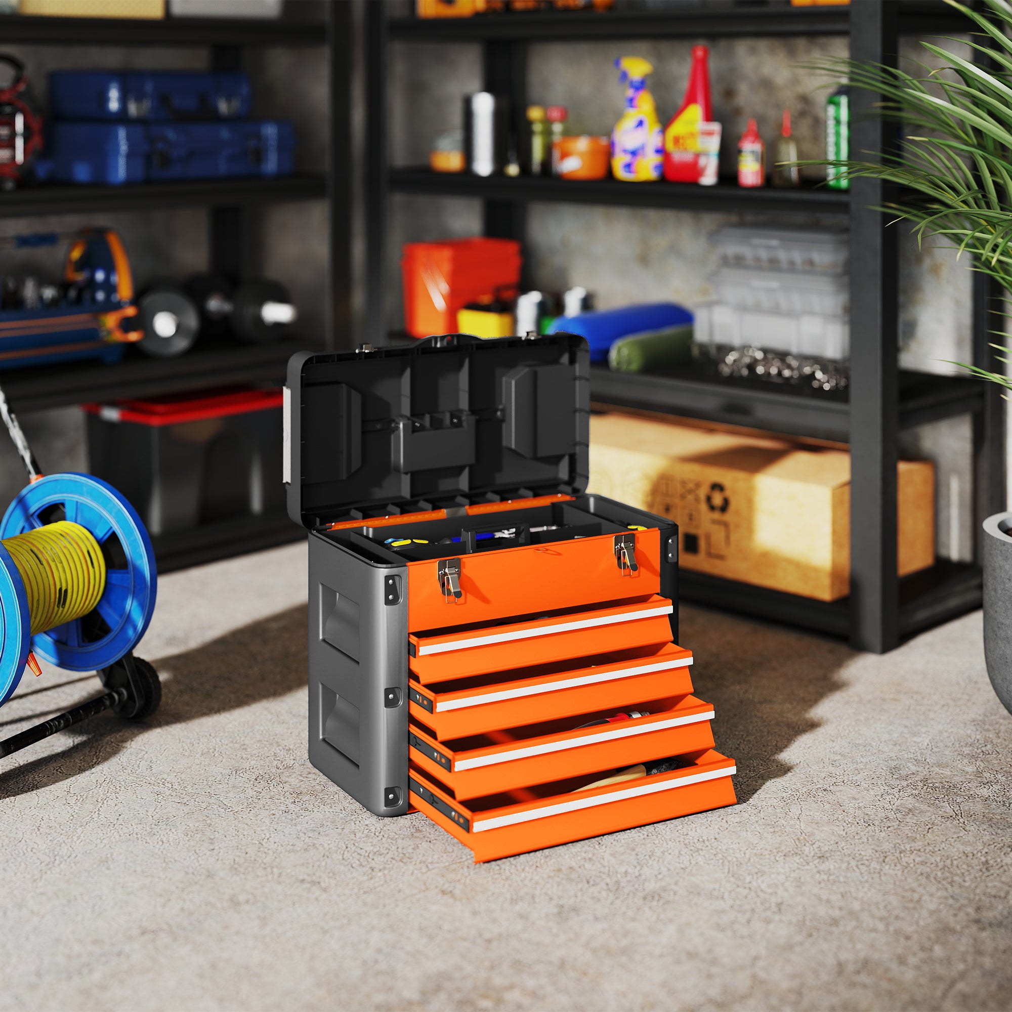 HOMCOM 4 Drawers Large Toolbox - Orange - North Peak Garden Furniture