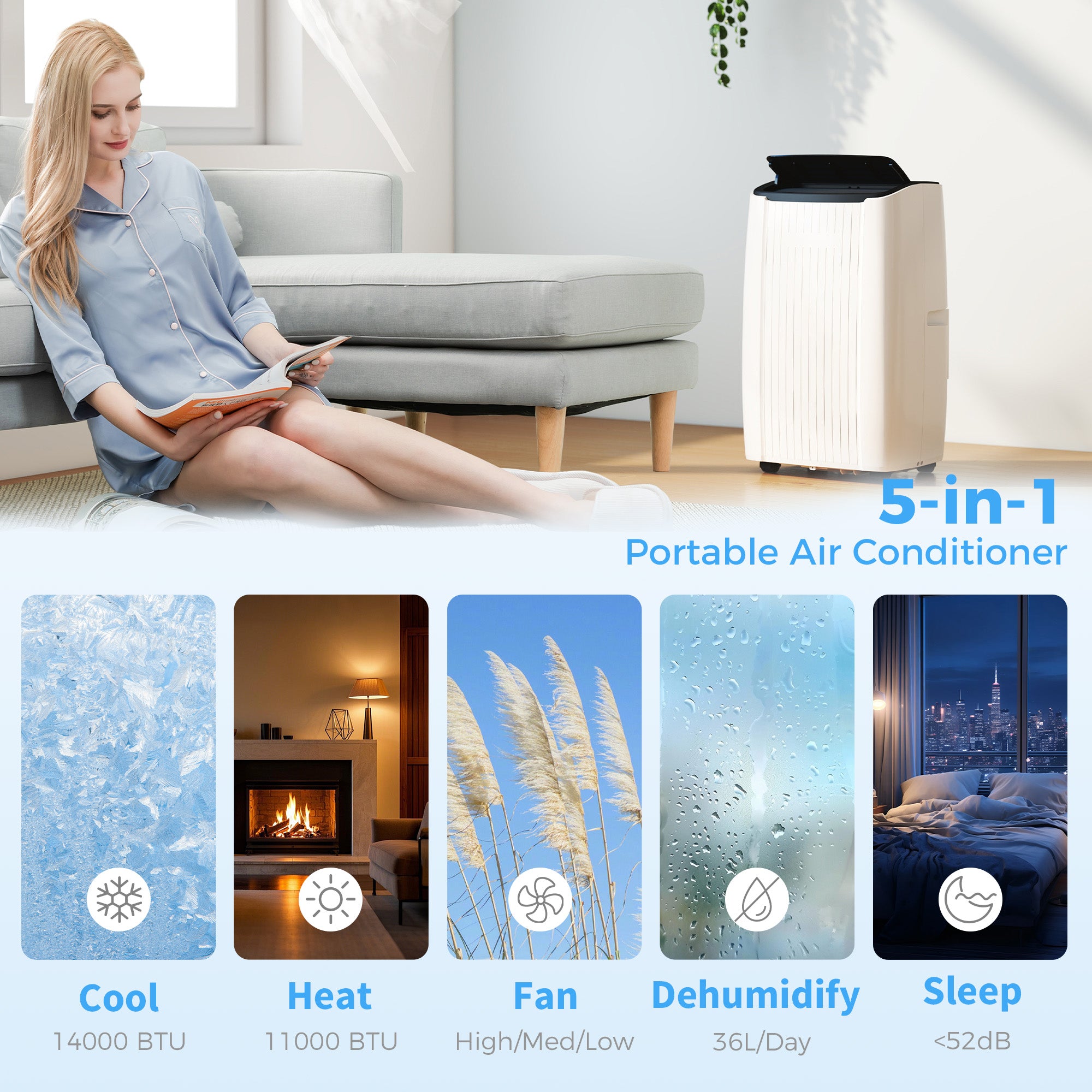 HOMCOM 14000 BTU 5-in-1 Portable Air Conditioner with Cool, Heat, Dehumidifier, Fan, Sleep, WiFi Voice Control, White