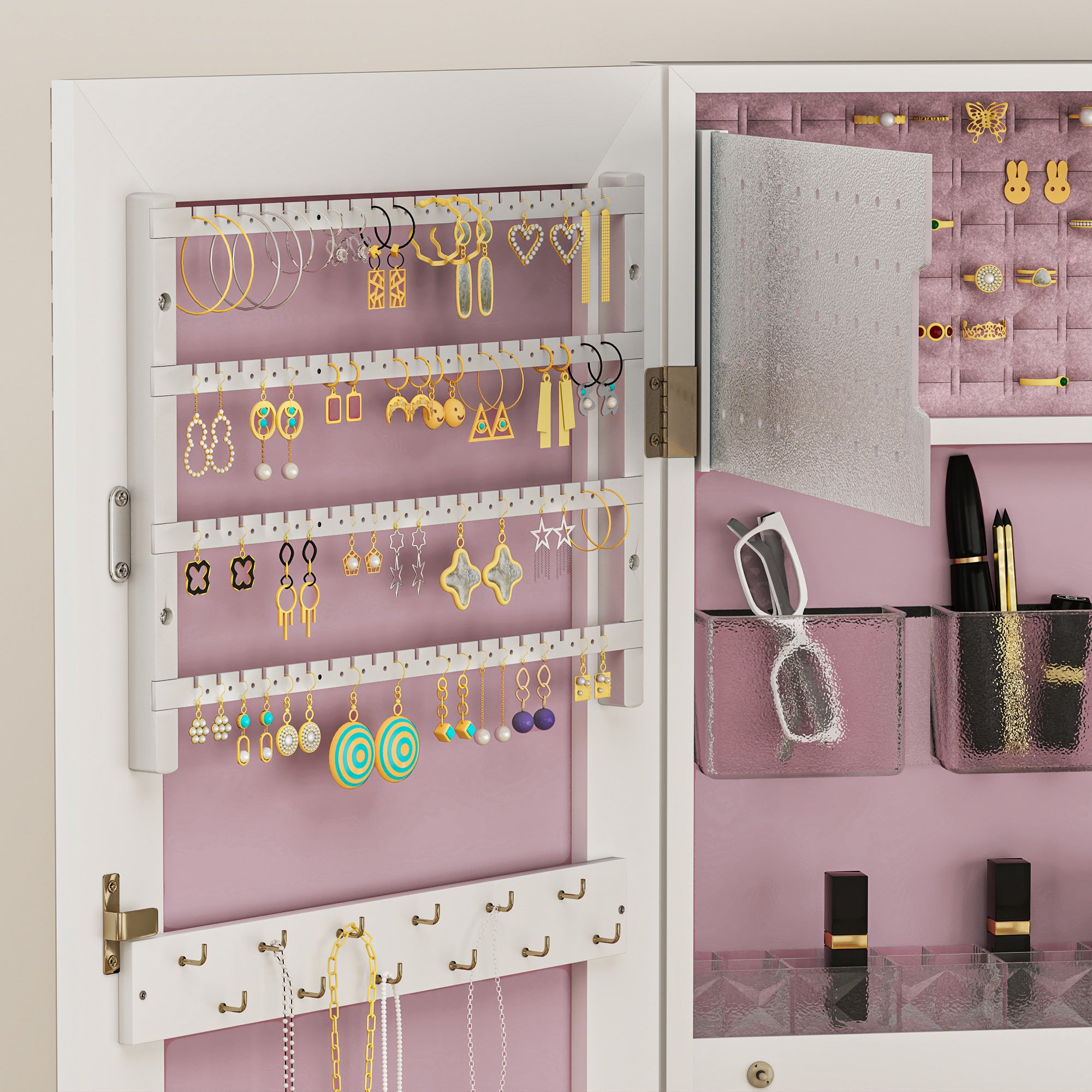 HOMCOM 108 x 37cm Lockable Jewellery Cabinet, with LED Lights - White Surface and Pink Lining - North Peak Garden Furniture